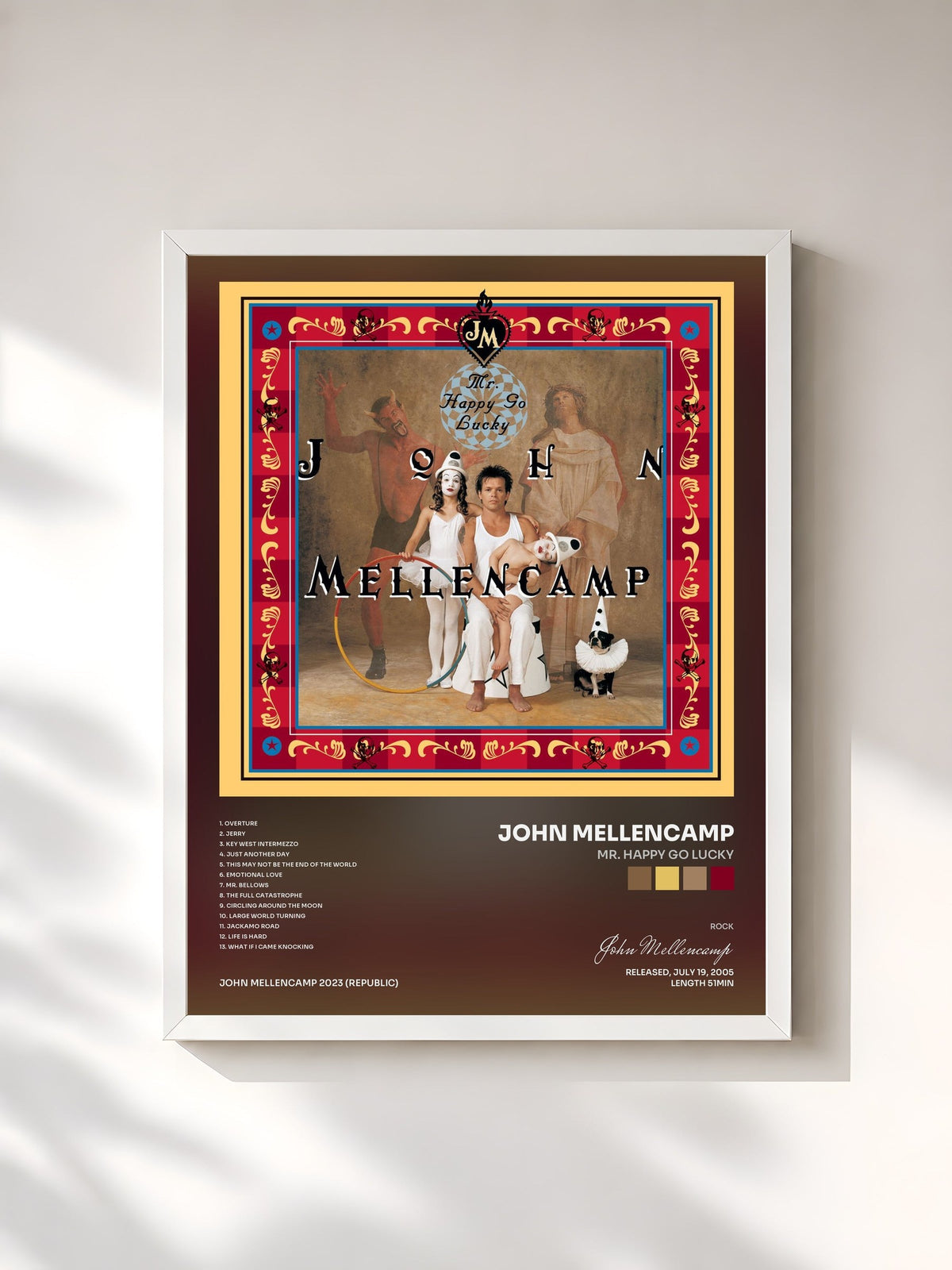 #blanc Mr. Happy Go Lucky by John Mellencamp as a framed art print, white frame, printed and framed in France