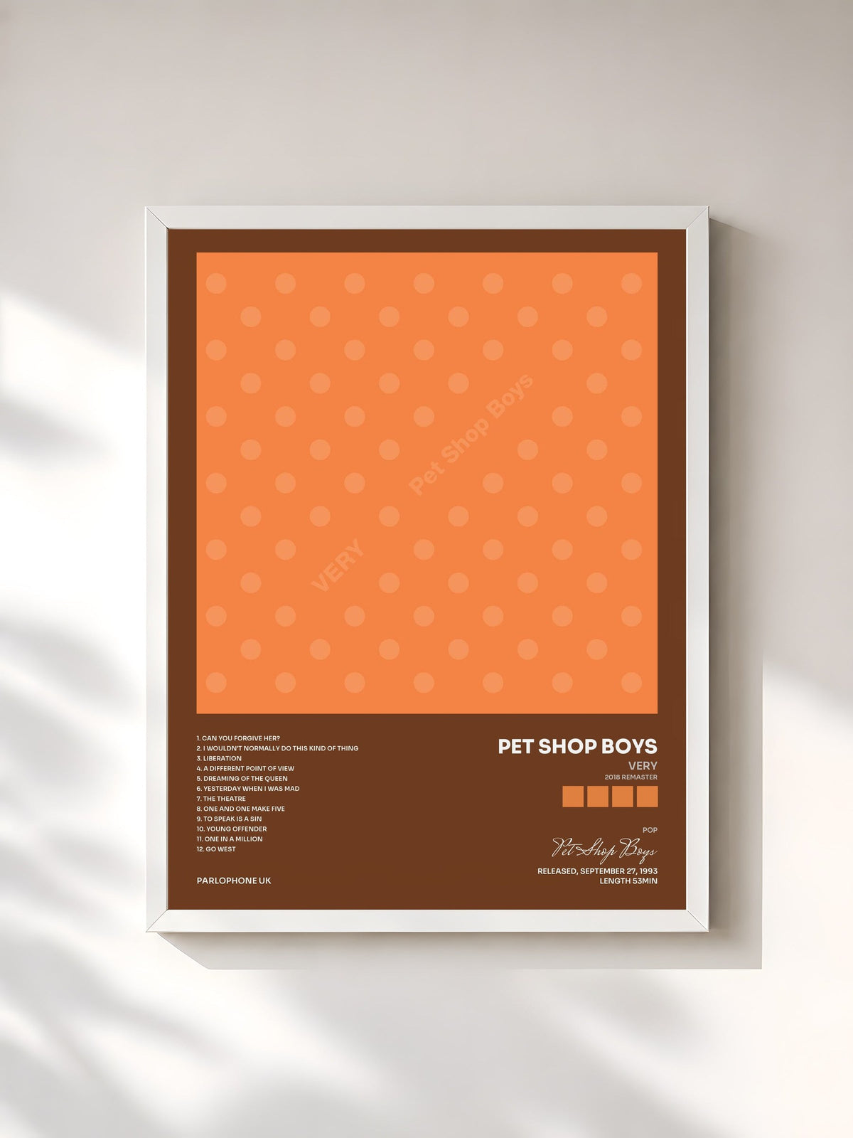 #blanc Tableau de l'album Very (2018 Remaster) de Pet Shop Boys, cadre blanc, imprimé et encadré en France