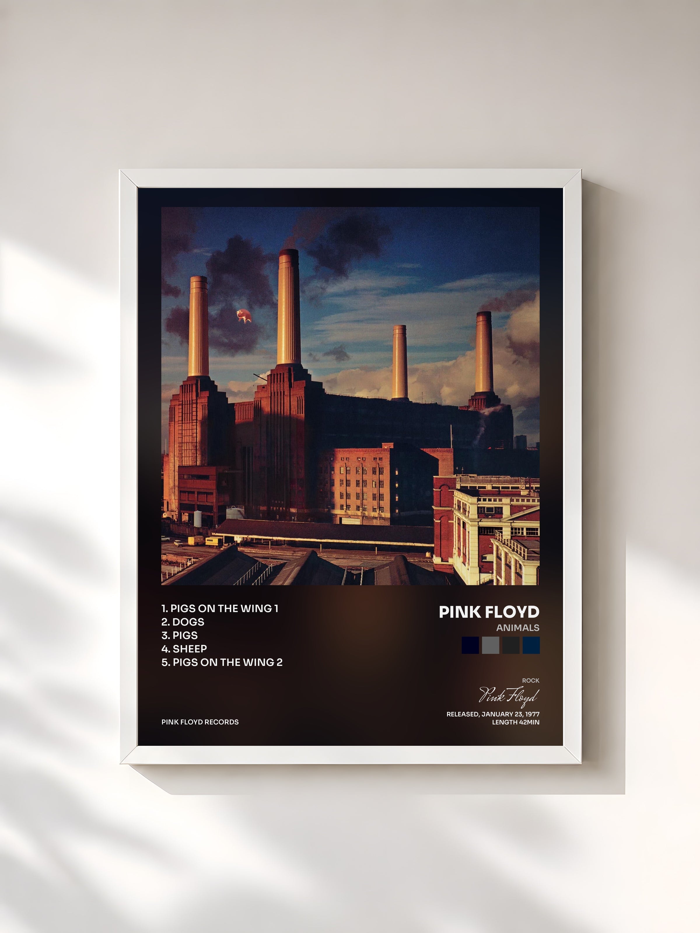 #blanc Tableau de l'album Animals de Pink Floyd, cadre blanc, imprimé et encadré en France