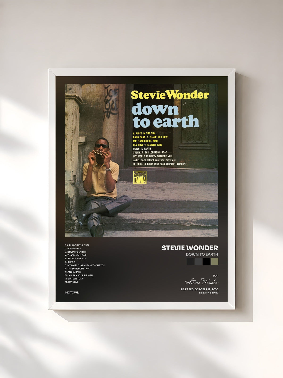 #blanc Tableau de l'album Down To Earth de Stevie Wonder, cadre blanc, imprimé et encadré en France