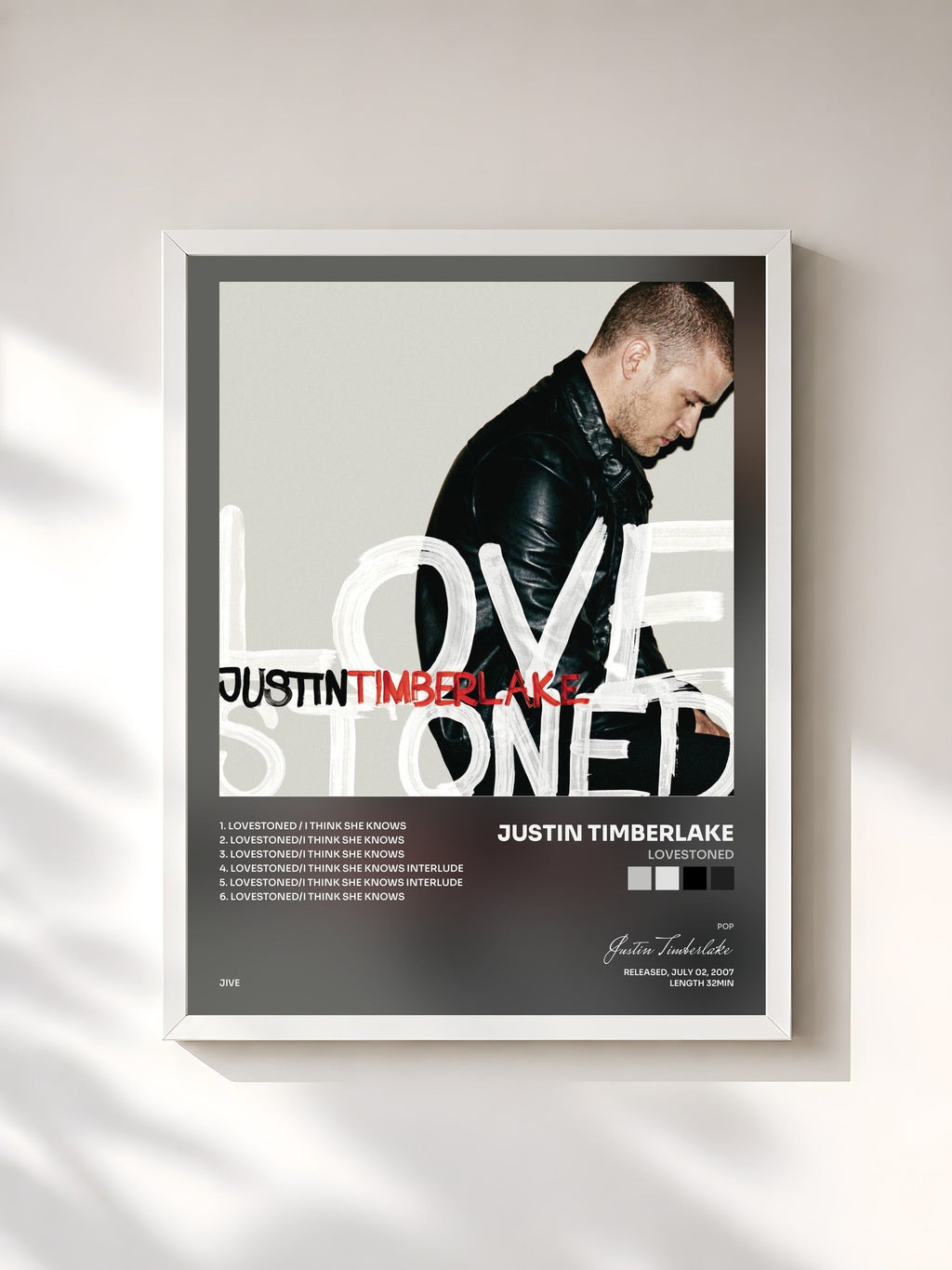 #blanc Tableau de l'album LoveStoned de Justin Timberlake, cadre blanc, imprimé et encadré en France