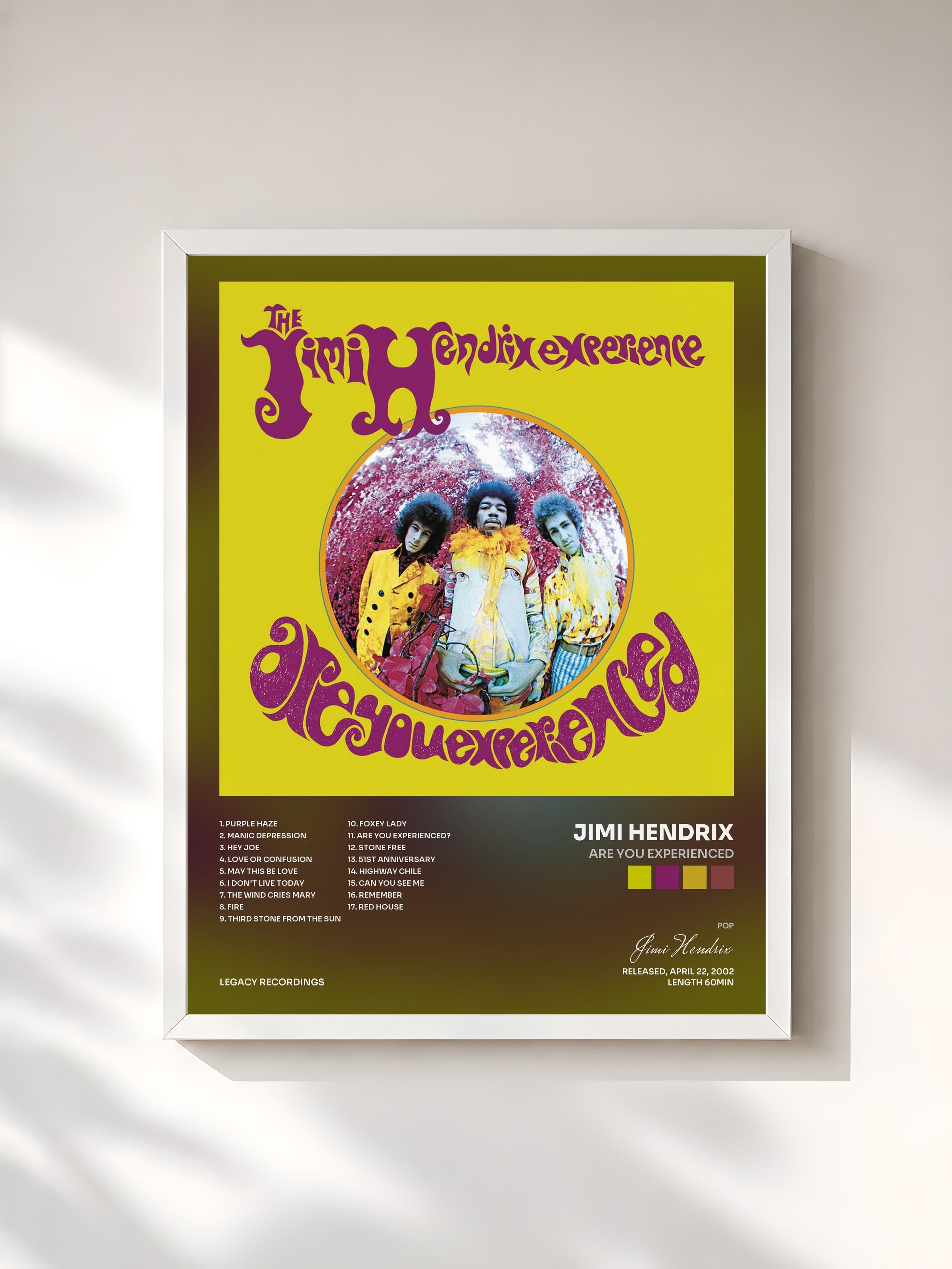#blanc Are You Experienced by Jimi Hendrix as a framed art print, white frame, printed and framed in France