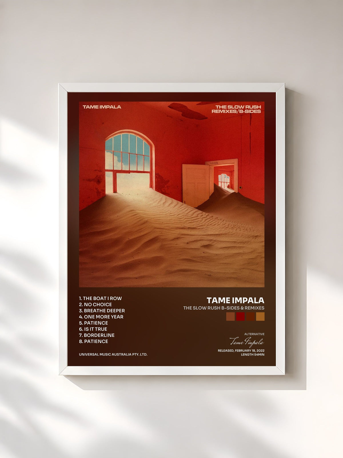 #blanc Tableau de l'album The Slow Rush B-Sides & Remixes de Tame Impala, cadre blanc, imprimé et encadré en France