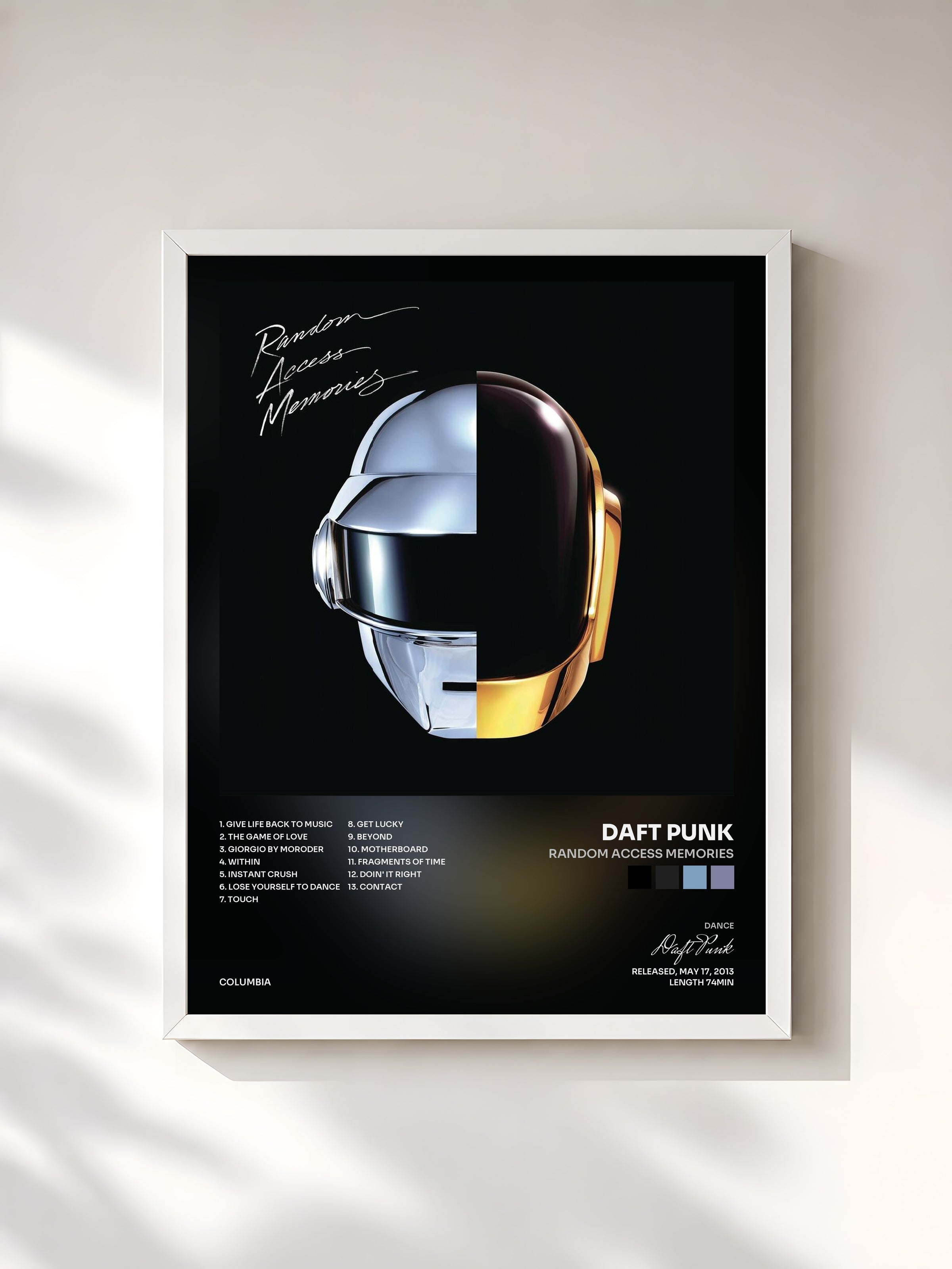 #blanc Tableau de l'album Random Access Memories de Daft Punk, cadre blanc, imprimé et encadré en France