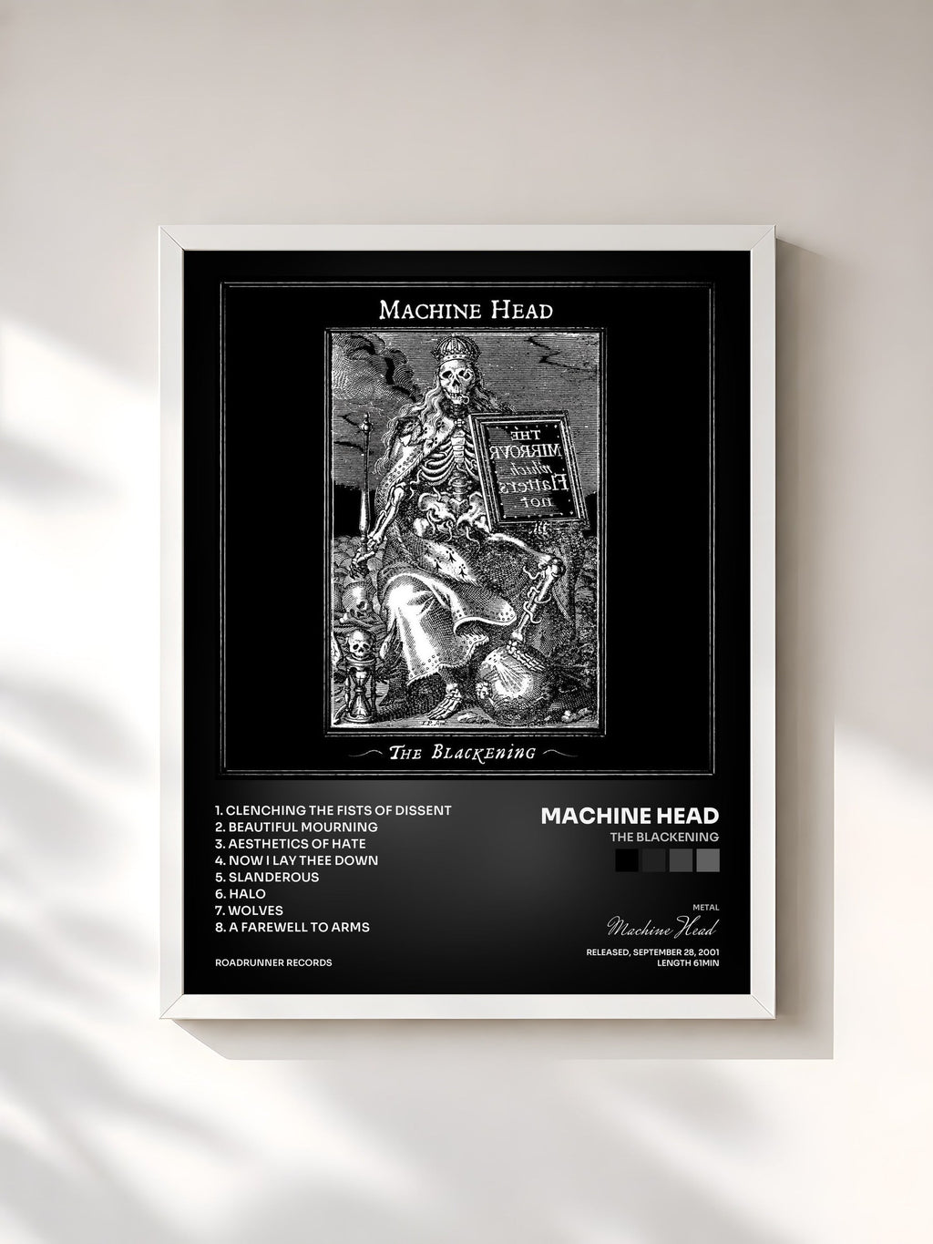#blanc Tableau de l'album The Blackening de Machine Head, cadre blanc, imprimé et encadré en France