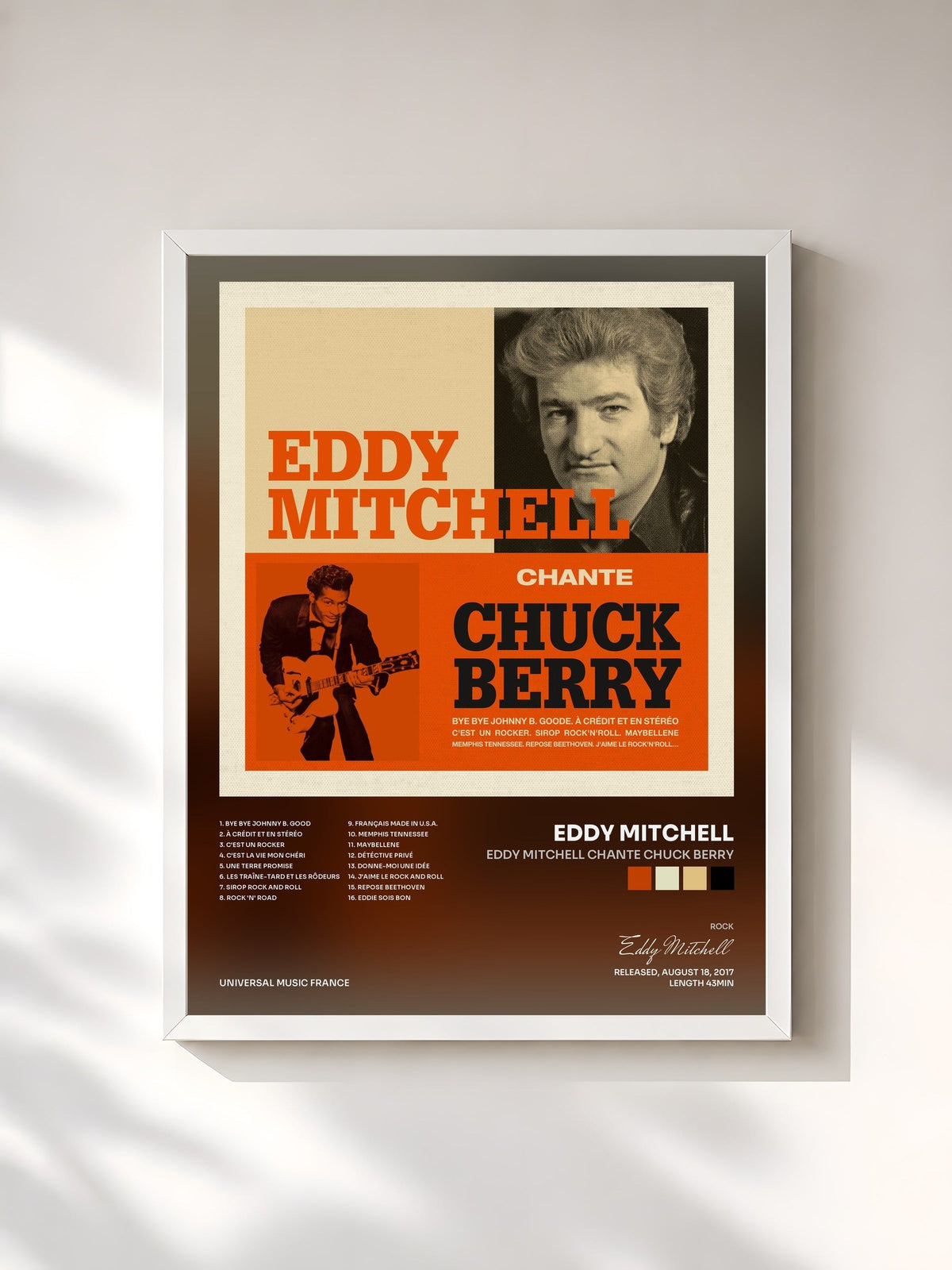 #blanc Tableau de l'album Eddy Mitchell chante Chuck Berry de Eddy Mitchell, cadre blanc, imprimé et encadré en France