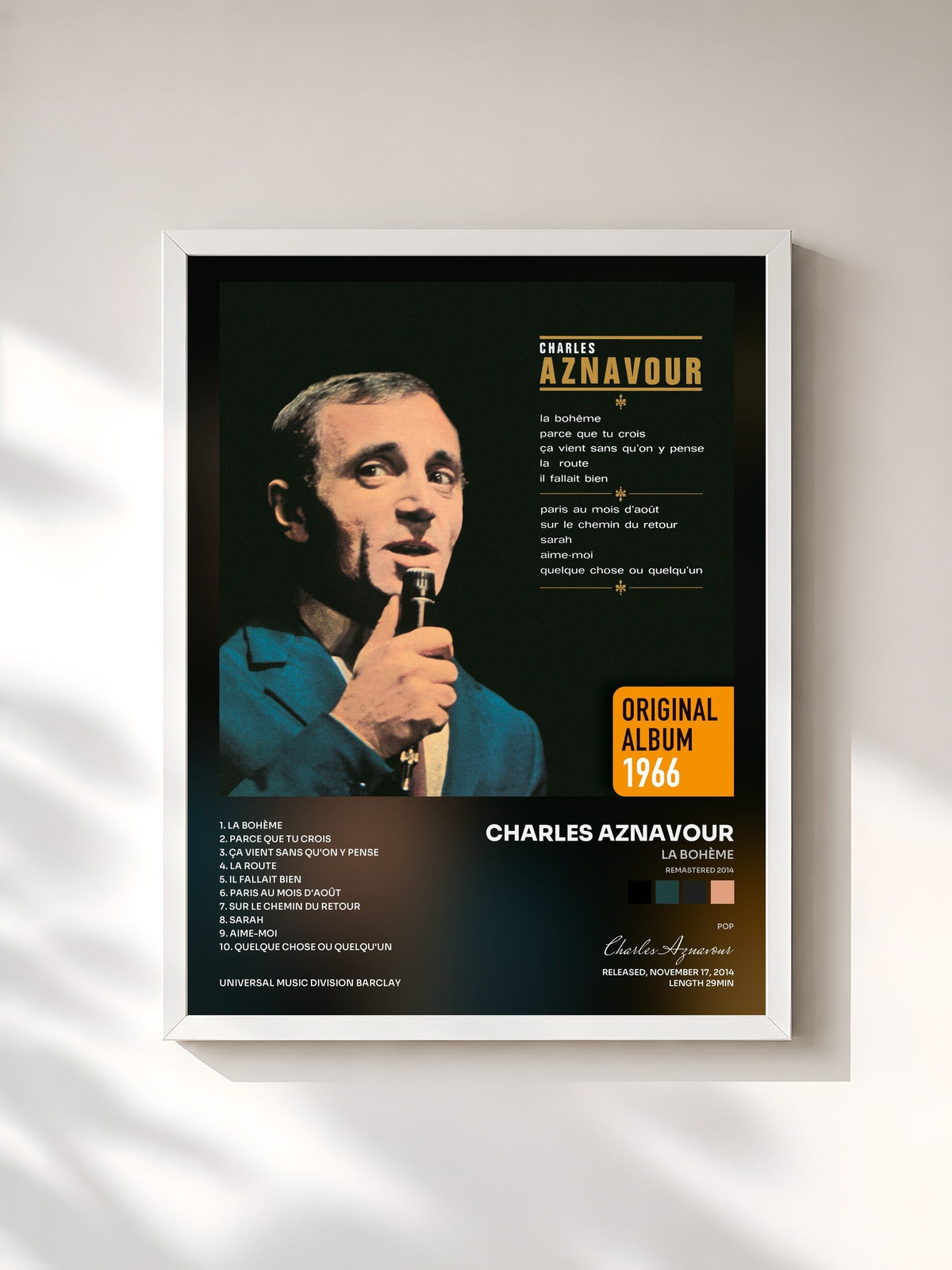 #blanc Tableau de l'album La Bohème (Remastered 2014) de Charles Aznavour, cadre blanc, imprimé et encadré en France