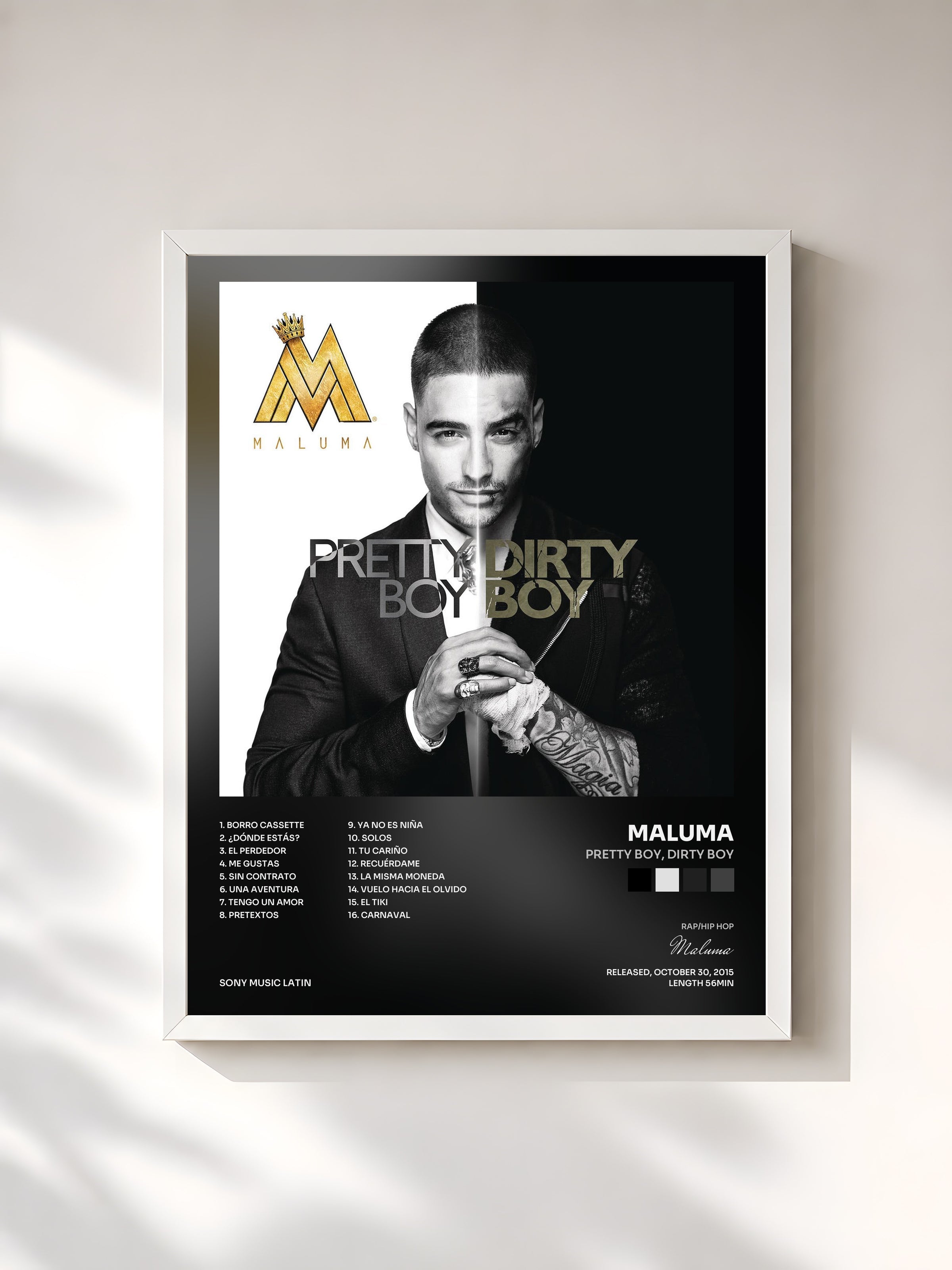 #blanc Pretty Boy, Dirty Boy di Maluma in stampa incorniciata, cornice bianca, stampata e incorniciata in Francia