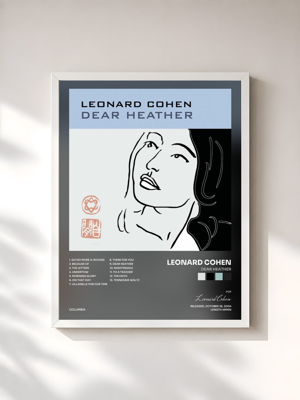 #blanc Dear Heather by Leonard Cohen as a framed art print, white frame, printed and framed in France