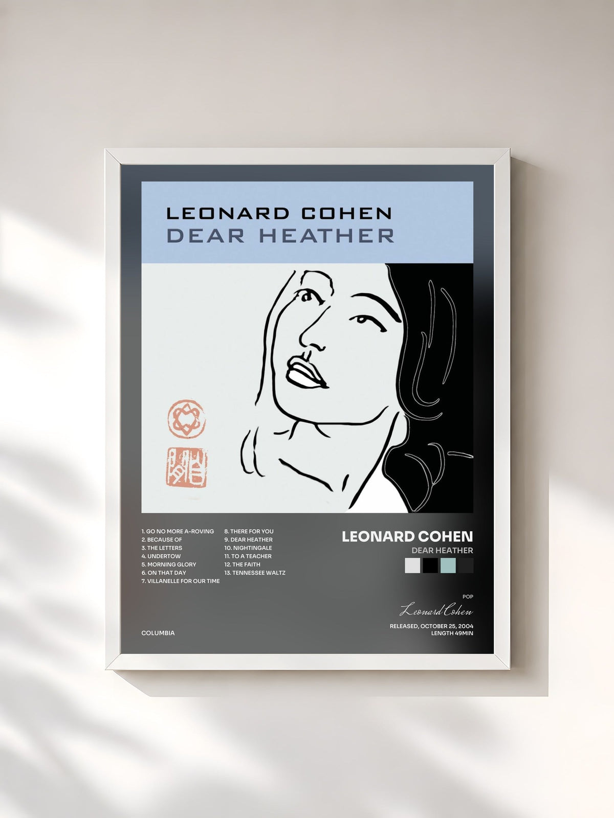 #blanc Tableau de l'album Dear Heather de Leonard Cohen, cadre blanc, imprimé et encadré en France