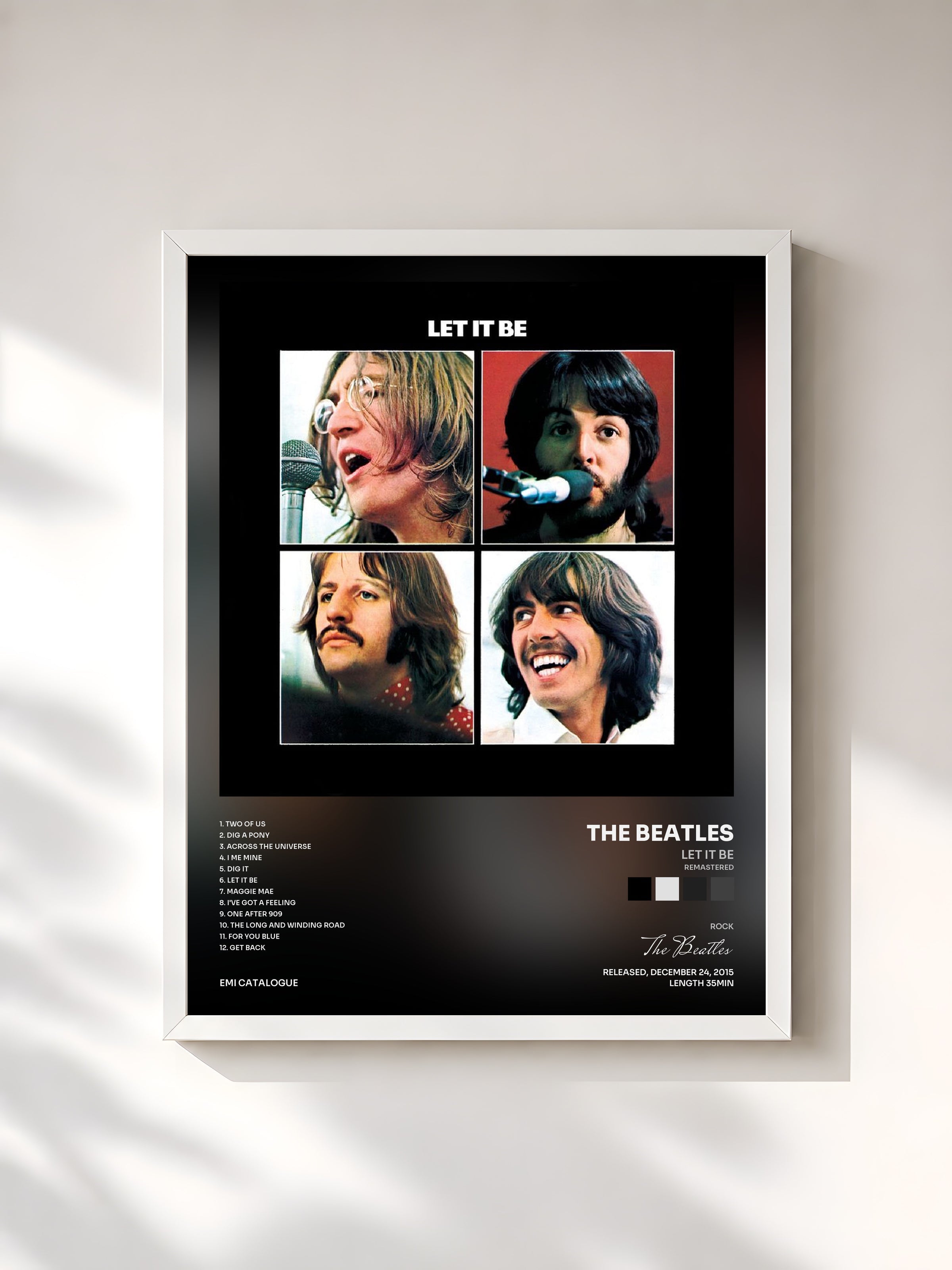 #blanc Tableau de l'album Let It Be (Remastered) de The Beatles, cadre blanc, imprimé et encadré en France