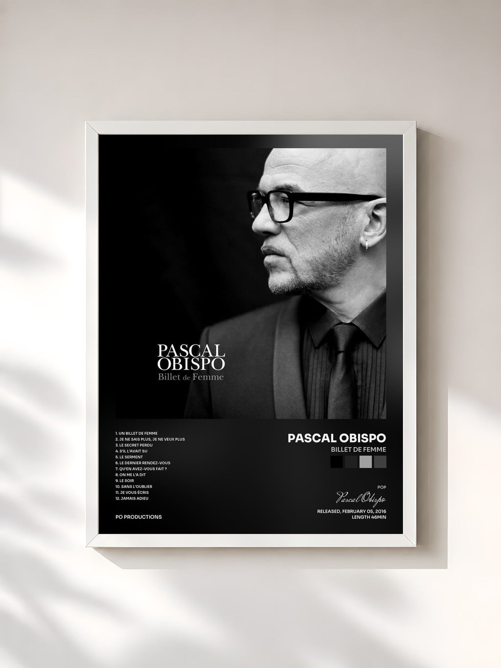 #blanc Billet de femme de Pascal Obispo en lámina enmarcada, marco blanco, impresa y enmarcada en Francia