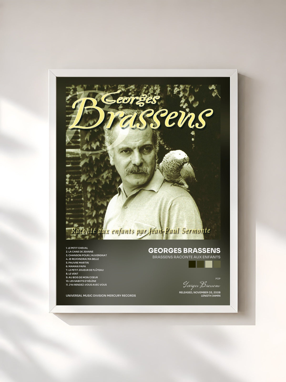 #blanc Tableau de l'album Brassens Raconte Aux Enfants de Georges Brassens, cadre blanc, imprimé et encadré en France