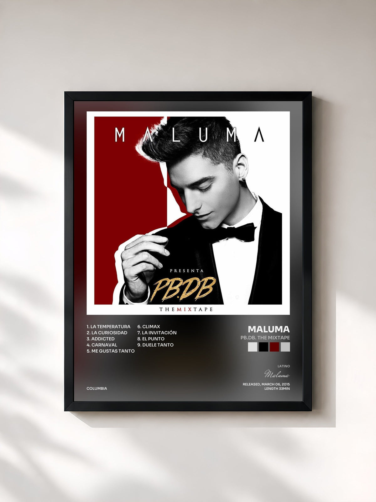 #noir Tableau de l'album PB.DB. The Mixtape de Maluma, cadre noir, imprimé et encadré en France