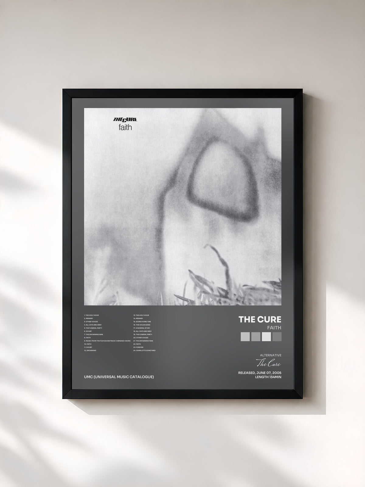 #noir Tableau de l'album Faith de The Cure, cadre noir, imprimé et encadré en France