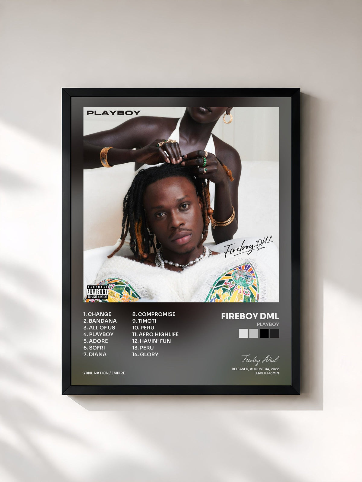 #noir Tableau de l'album Playboy de Fireboy Dml, cadre noir, imprimé et encadré en France
