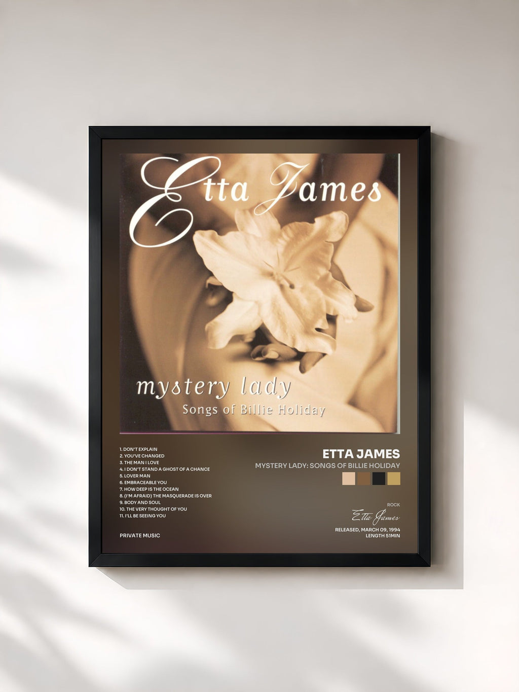 #noir Mystery Lady: Songs of Billie Holiday by Etta James as a framed art print, black frame, printed and framed in France