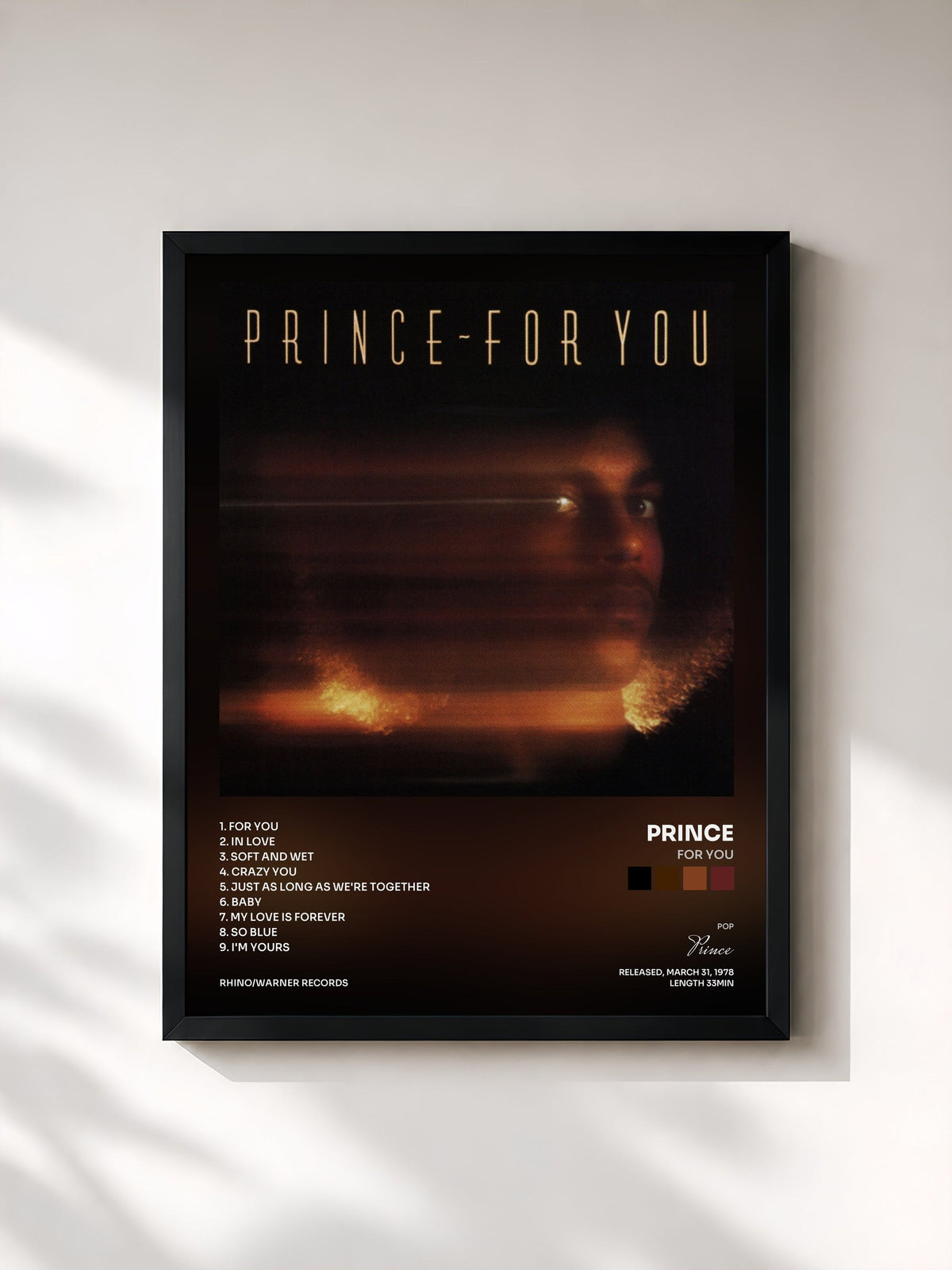 #noir Tableau de l'album For You de Prince, cadre noir, imprimé et encadré en France