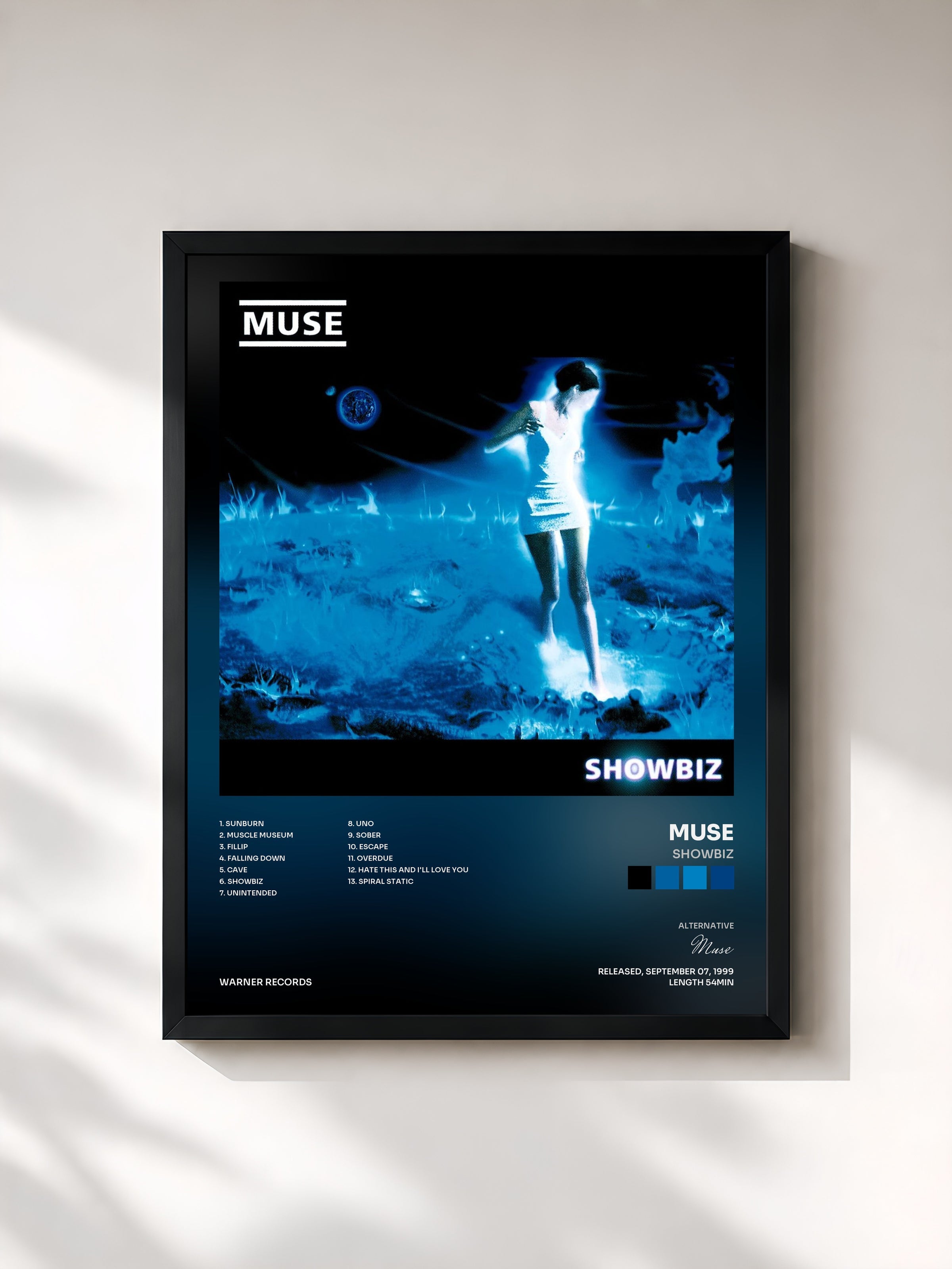 #noir Tableau de l'album Showbiz de Muse, cadre noir, imprimé et encadré en France