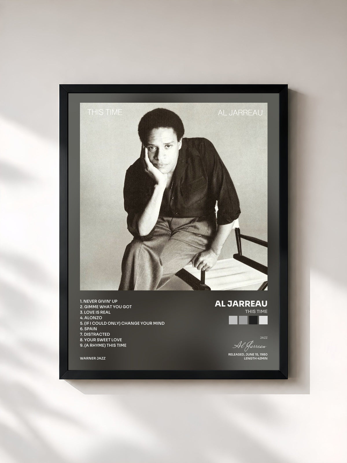 #noir Tableau de l'album This Time de Al Jarreau, cadre noir, imprimé et encadré en France