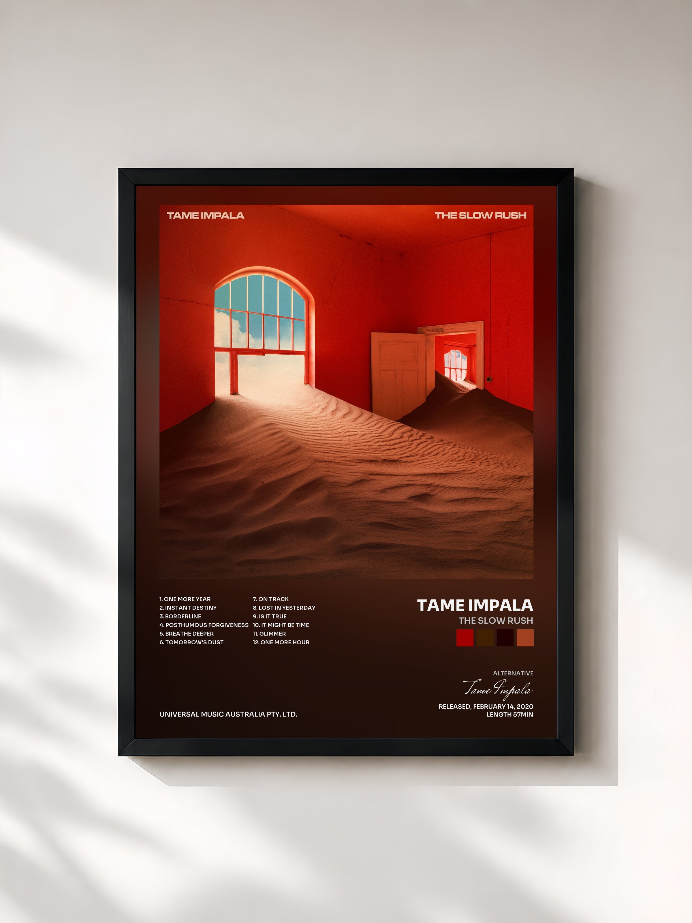 #noir Tableau de l'album The Slow Rush de Tame Impala, cadre noir, imprimé et encadré en France