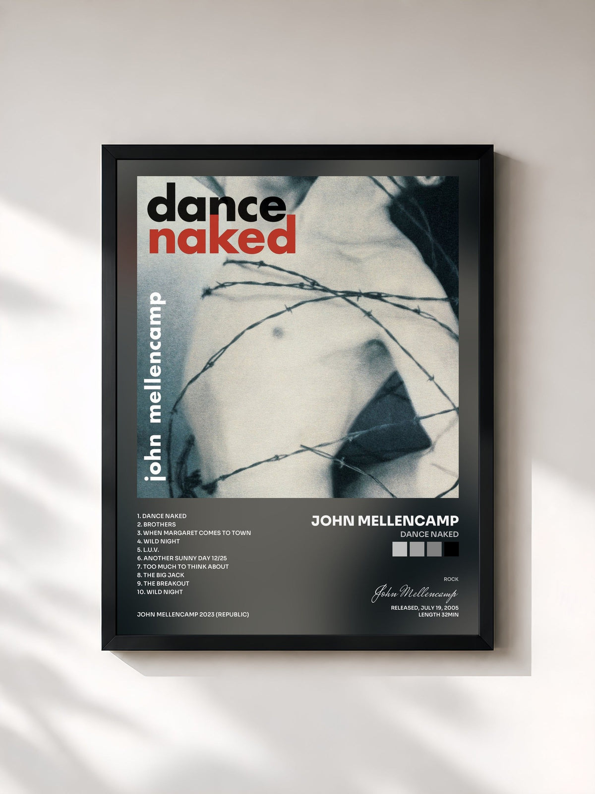 #noir Dance Naked by John Mellencamp as a framed art print, black frame, printed and framed in France