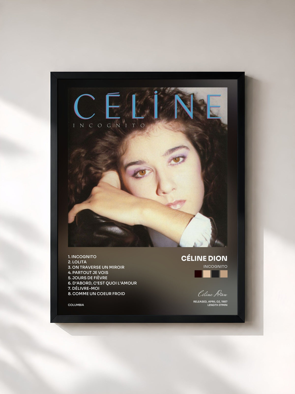 #noir Tableau de l'album Incognito de Céline Dion, cadre noir, imprimé et encadré en France