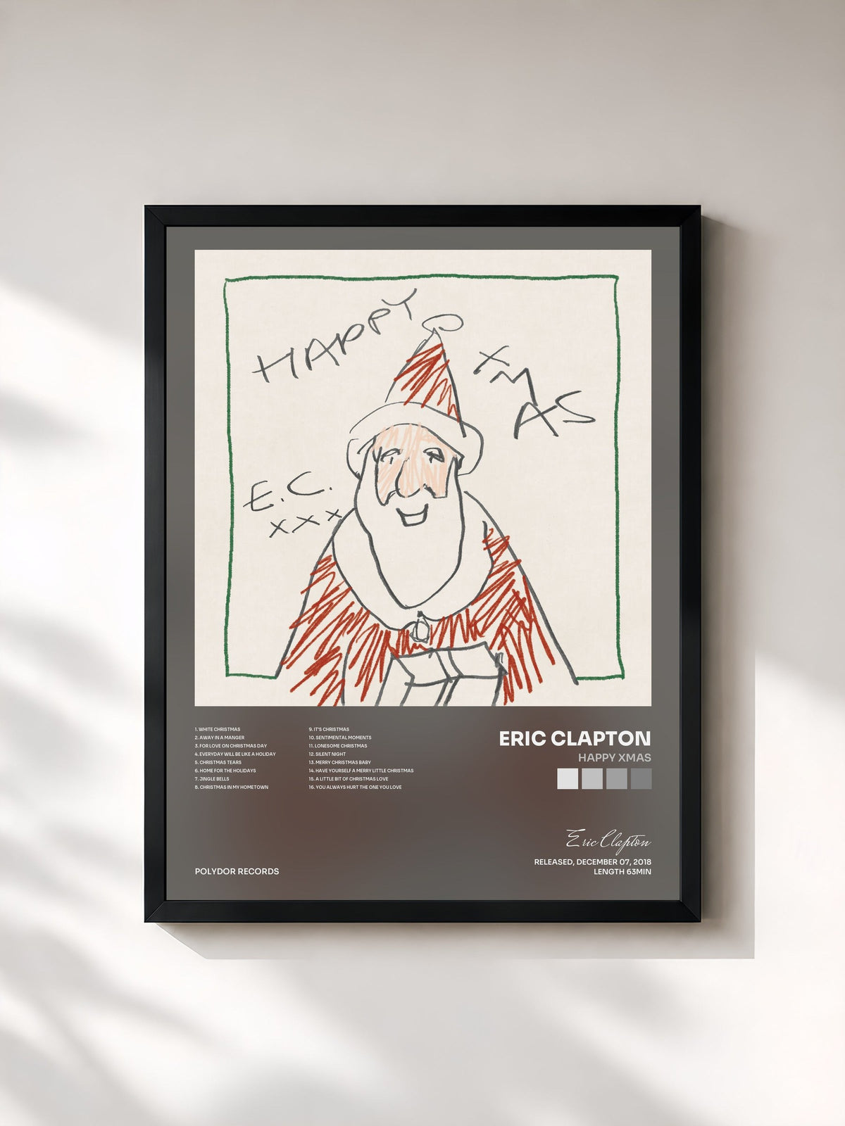 #noir Tableau de l'album Happy Xmas de Eric Clapton, cadre noir, imprimé et encadré en France