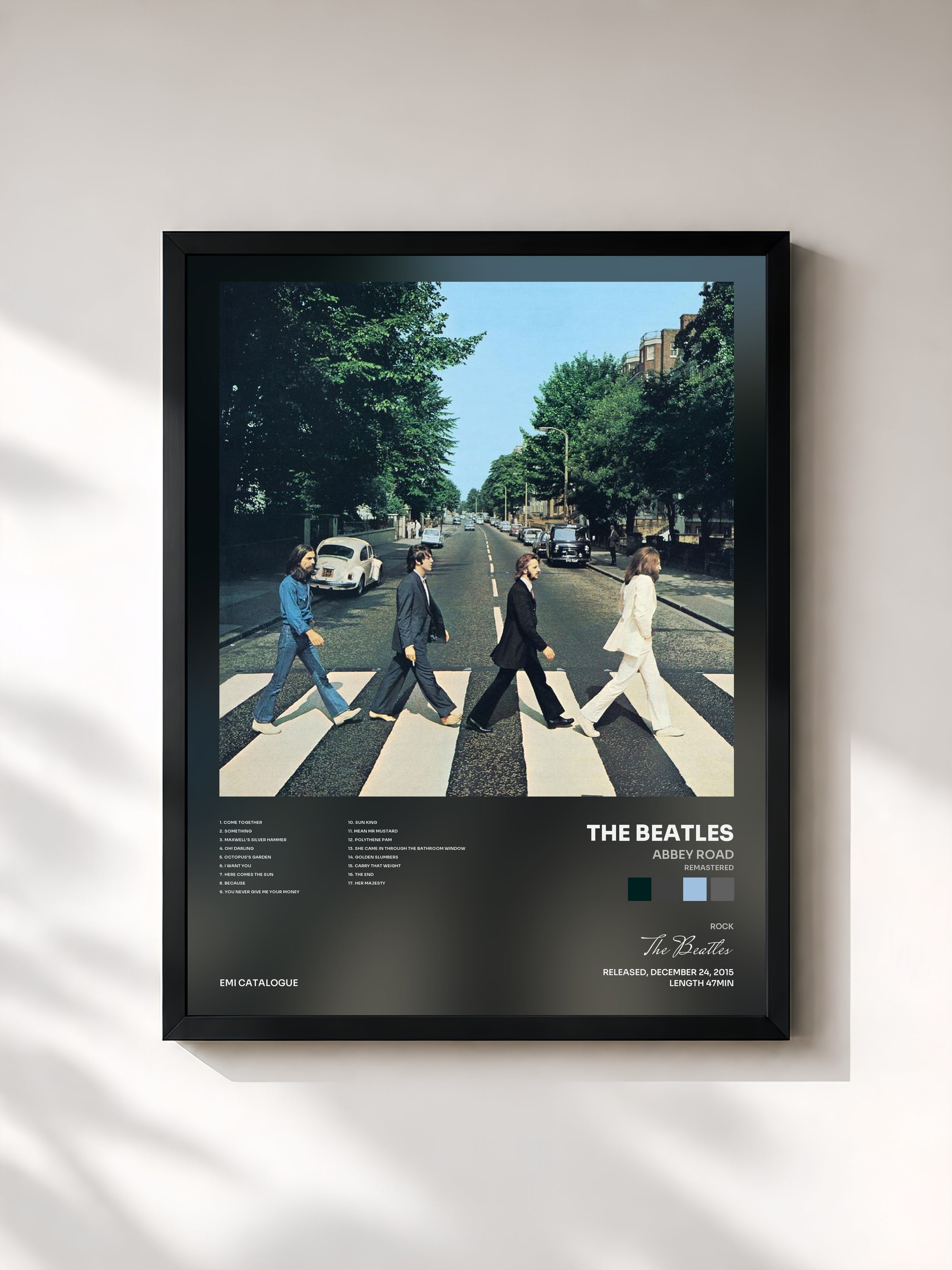 #noir Tableau de l'album Abbey Road (Remastered) de The Beatles, cadre noir, imprimé et encadré en France