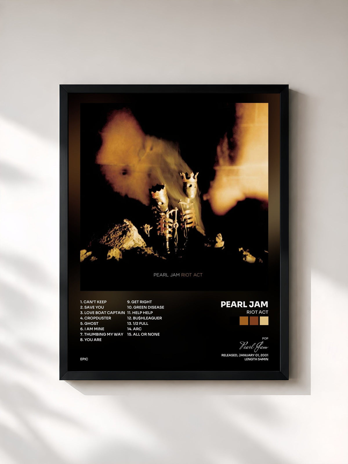 #noir Tableau de l'album Riot Act de Pearl Jam, cadre noir, imprimé et encadré en France