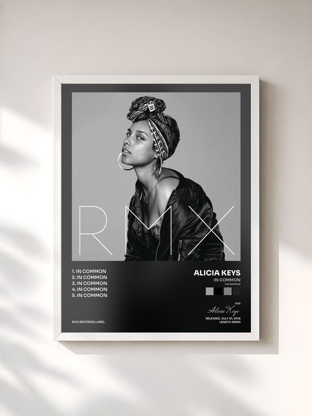 #blanc In Common (The Remixes) by Alicia Keys as a framed art print, white frame, printed and framed in France