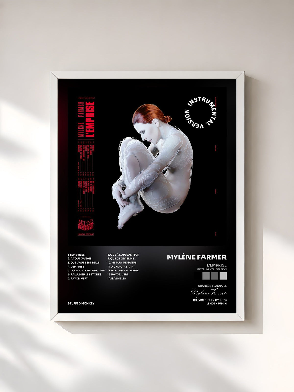#blanc Tableau de l'album L'Emprise (Instrumental Version) de Mylène Farmer, cadre blanc, imprimé et encadré en France