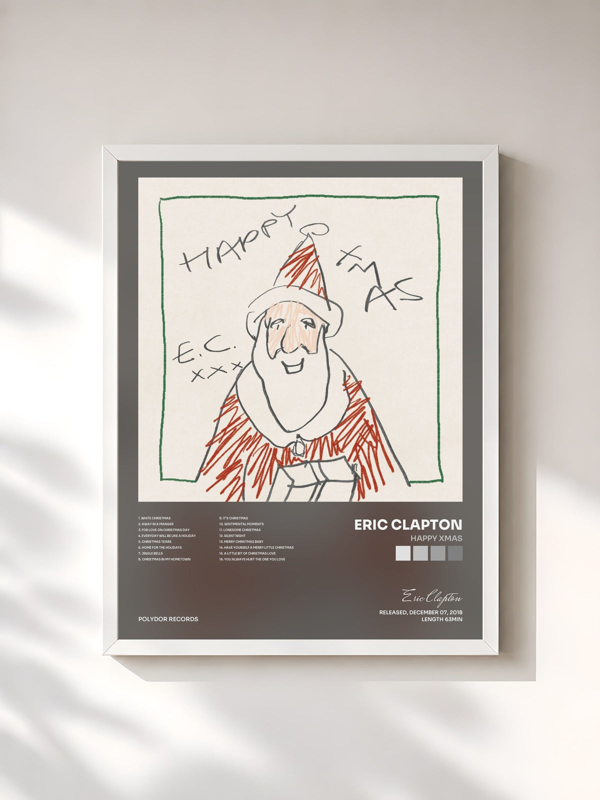 #blanc Tableau de l'album Happy Xmas de Eric Clapton, cadre blanc, imprimé et encadré en France