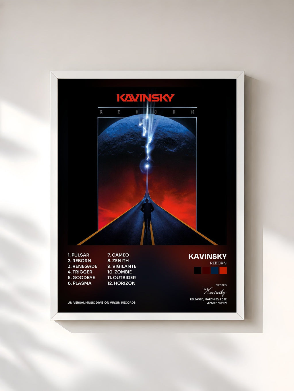 #blanc Tableau de l'album Reborn de Kavinsky, cadre blanc, imprimé et encadré en France