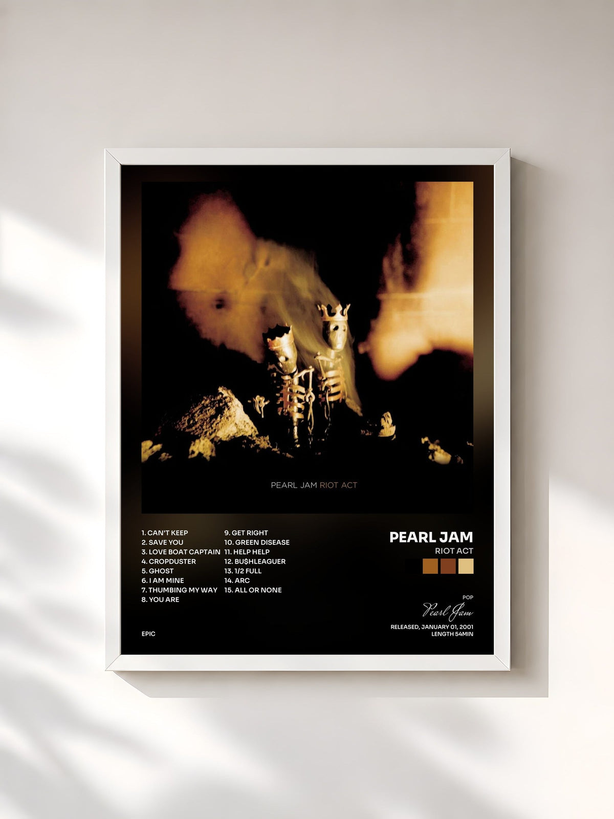 #blanc Tableau de l'album Riot Act de Pearl Jam, cadre blanc, imprimé et encadré en France