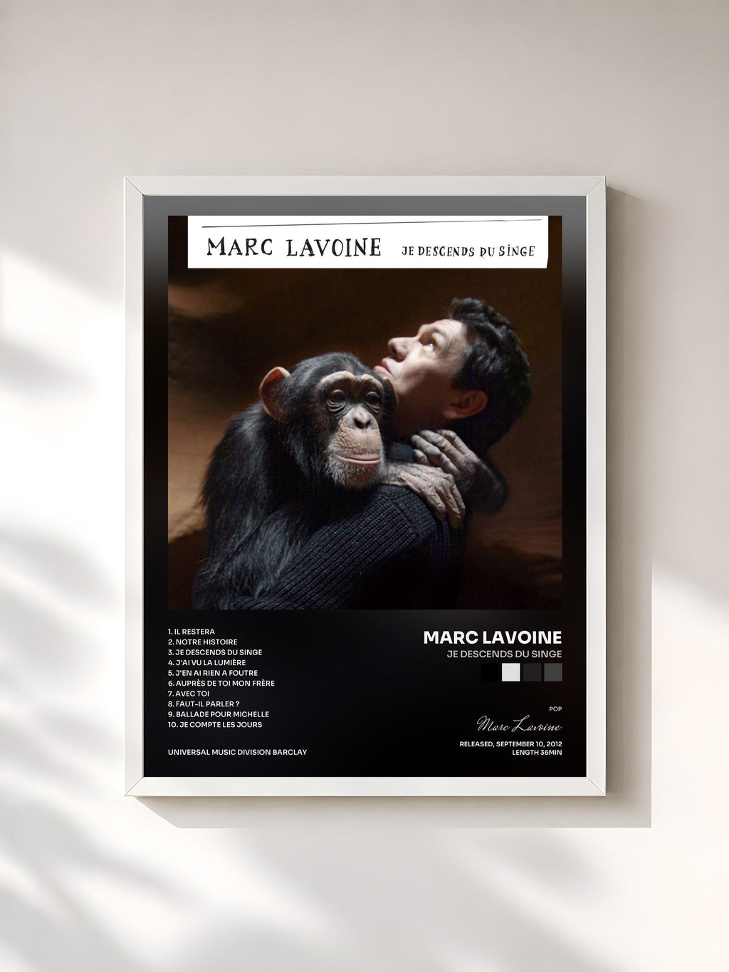 #blanc Tableau de l'album Je Descends Du Singe de Marc Lavoine, cadre blanc, imprimé et encadré en France