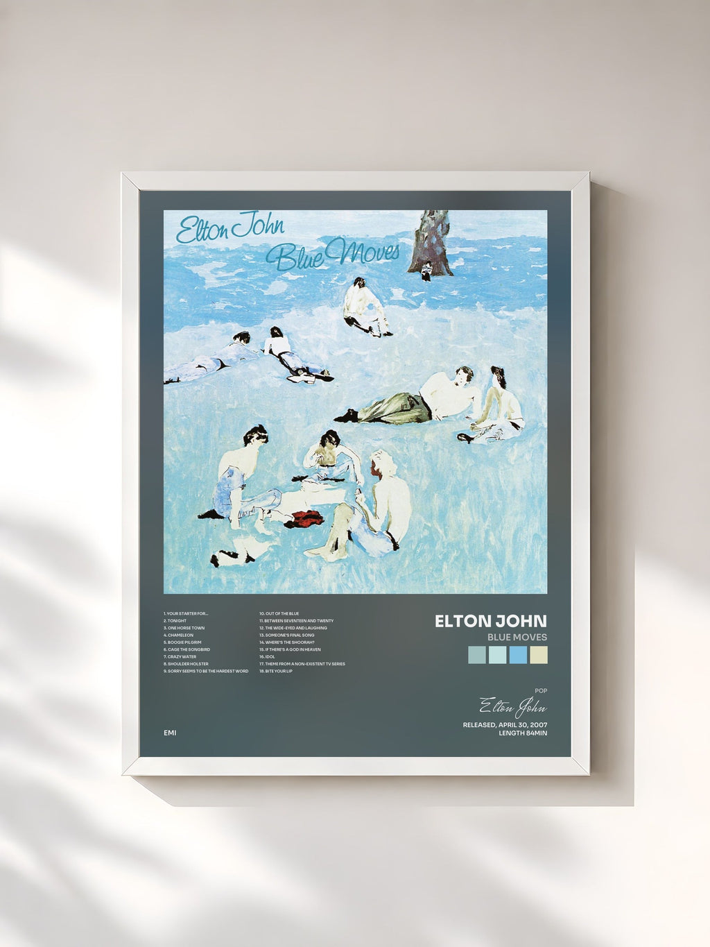 #blanc Tableau de l'album Blue Moves de Elton John, cadre blanc, imprimé et encadré en France