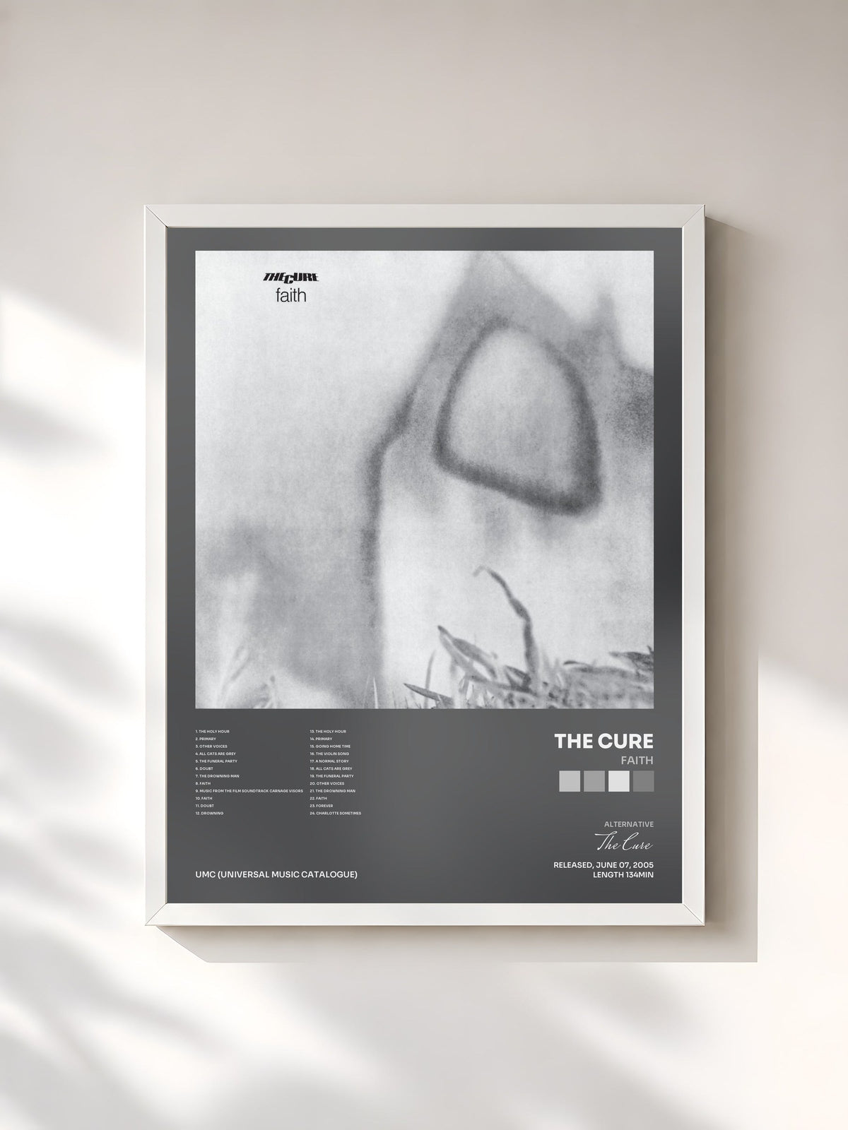 #blanc Tableau de l'album Faith de The Cure, cadre blanc, imprimé et encadré en France
