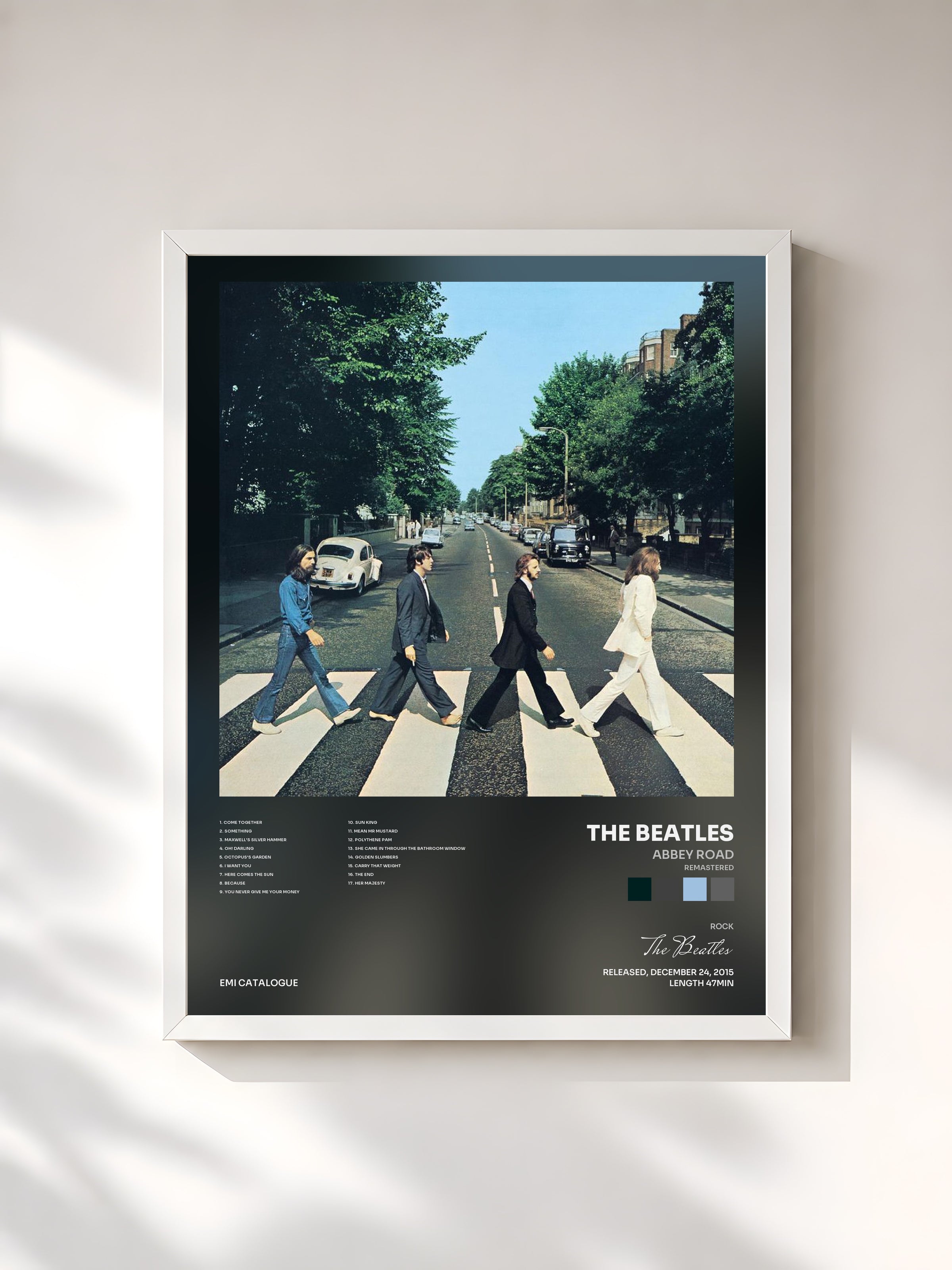 #blanc Tableau de l'album Abbey Road (Remastered) de The Beatles, cadre blanc, imprimé et encadré en France