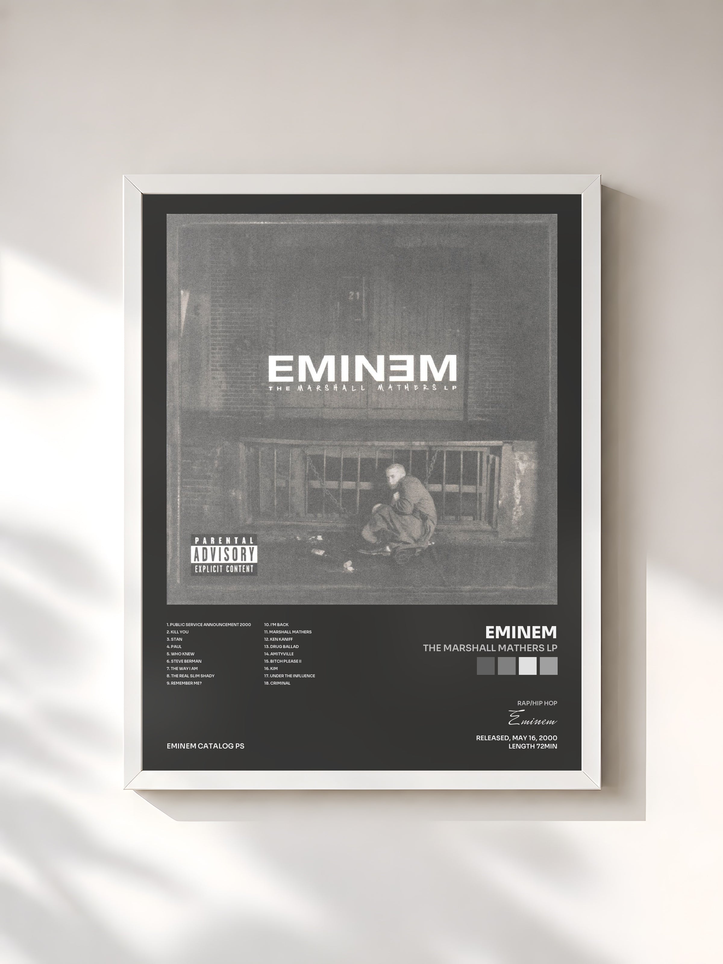 #blanc Tableau de l'album The Marshall Mathers LP de Eminem, cadre blanc, imprimé et encadré en France