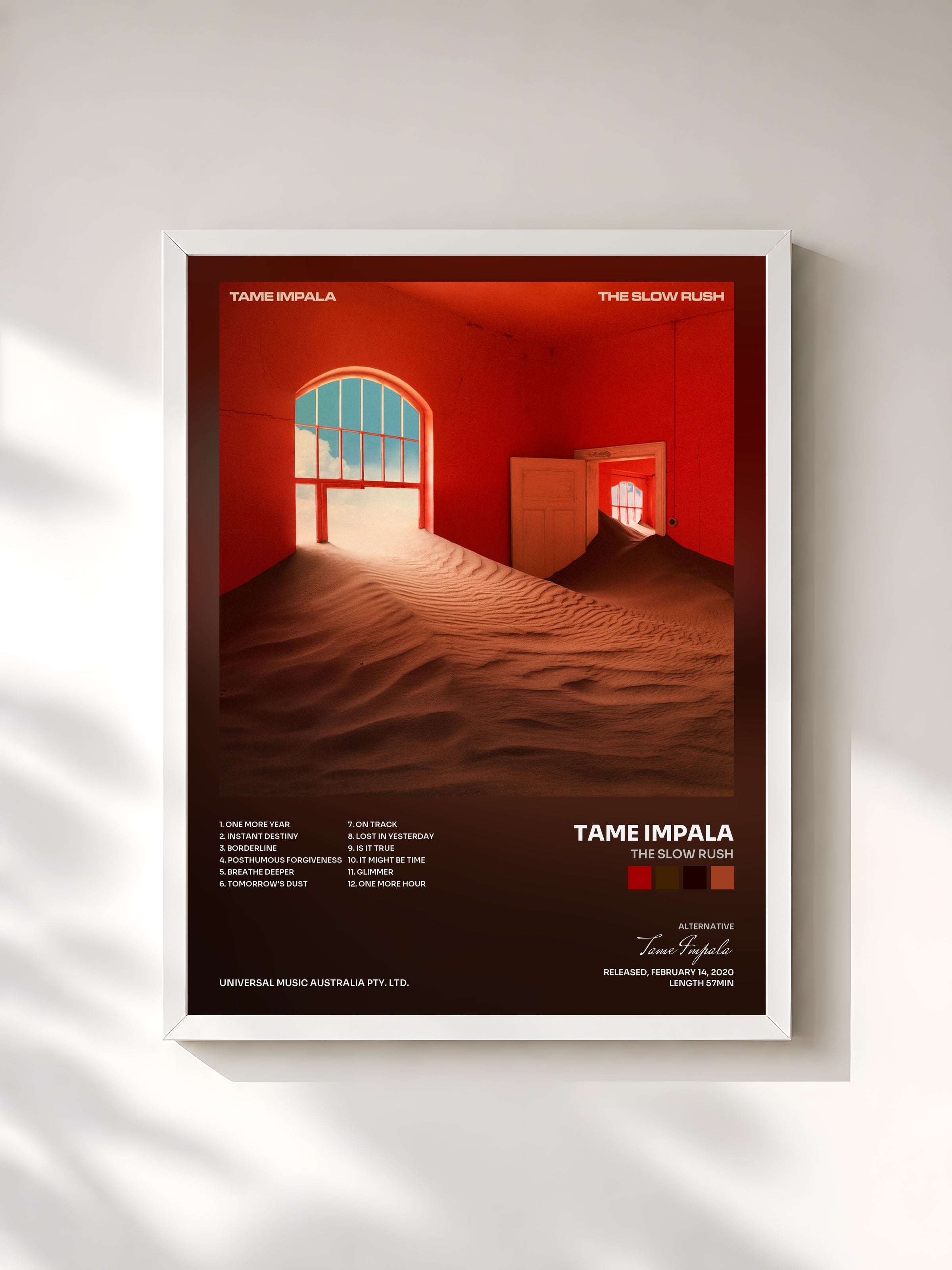 #blanc Tableau de l'album The Slow Rush de Tame Impala, cadre blanc, imprimé et encadré en France