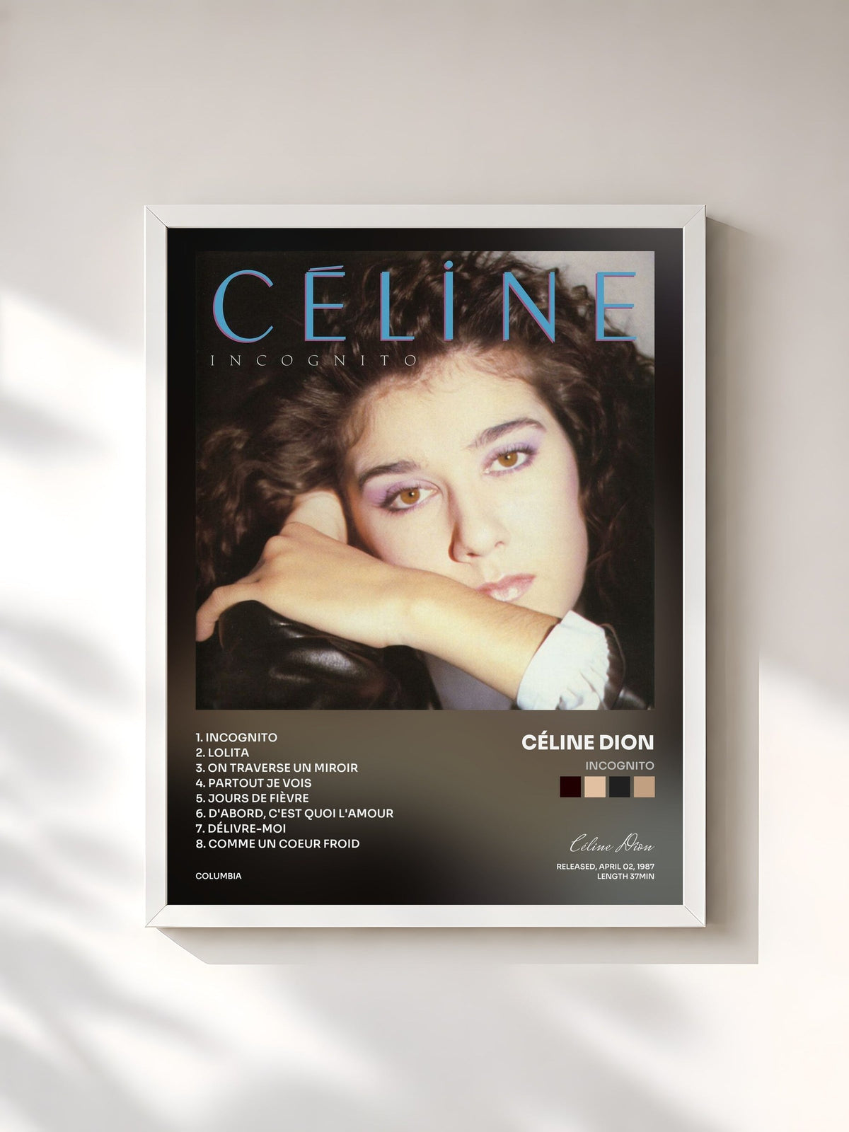 #blanc Tableau de l'album Incognito de Céline Dion, cadre blanc, imprimé et encadré en France