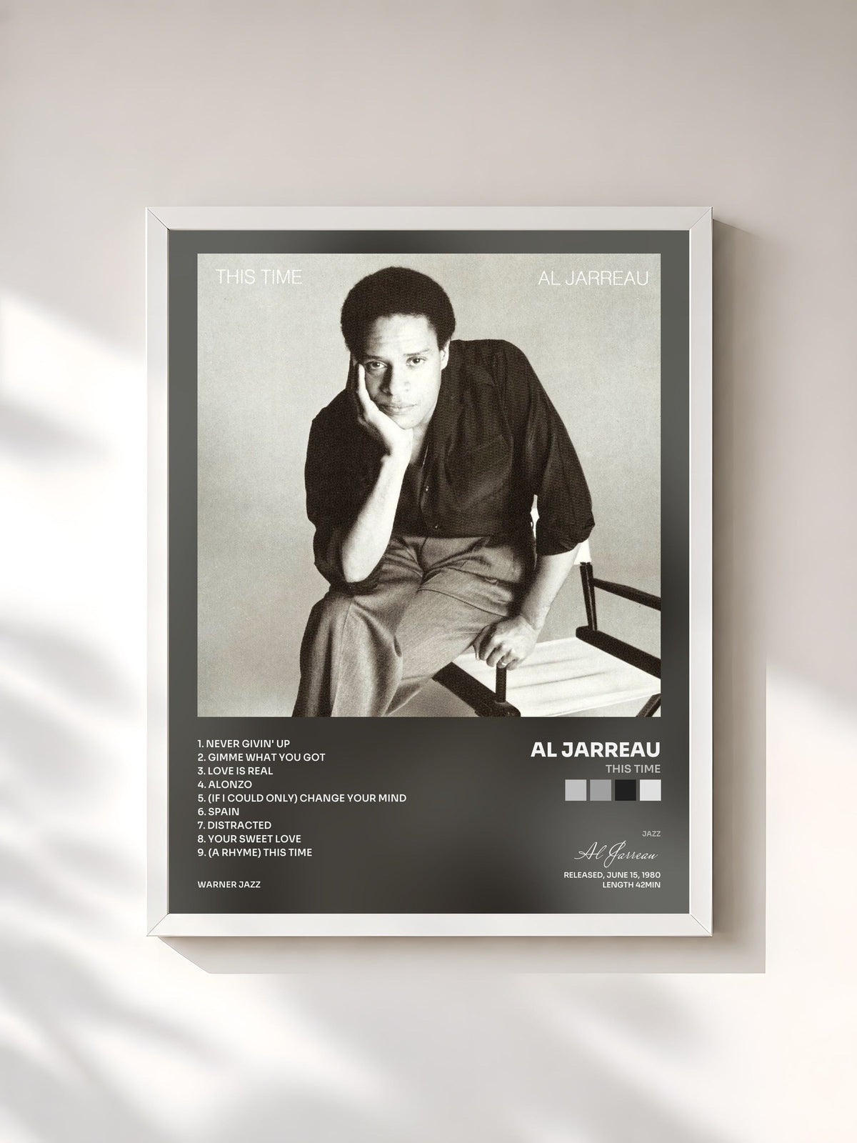 #blanc Tableau de l'album This Time de Al Jarreau, cadre blanc, imprimé et encadré en France