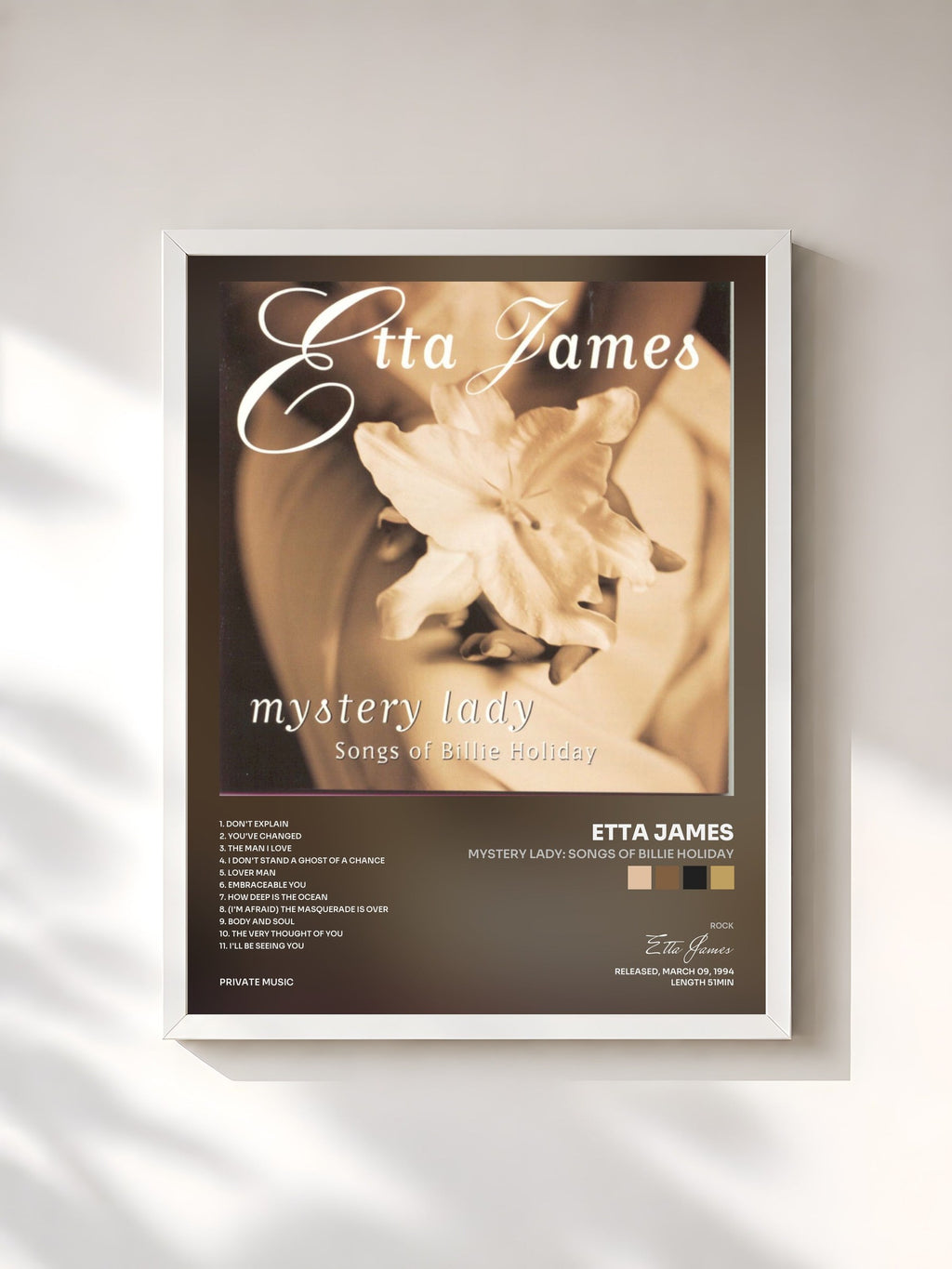 #blanc Mystery Lady: Songs of Billie Holiday by Etta James as a framed art print, white frame, printed and framed in France