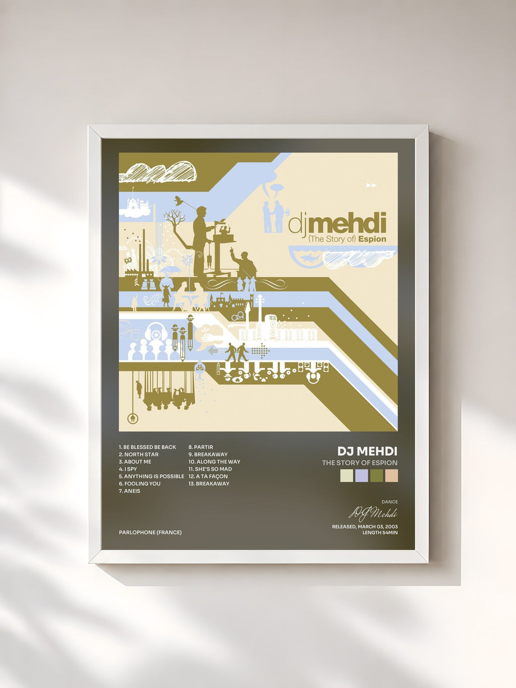 #blanc Tableau de l'album The Story of Espion de DJ Mehdi, cadre blanc, imprimé et encadré en France