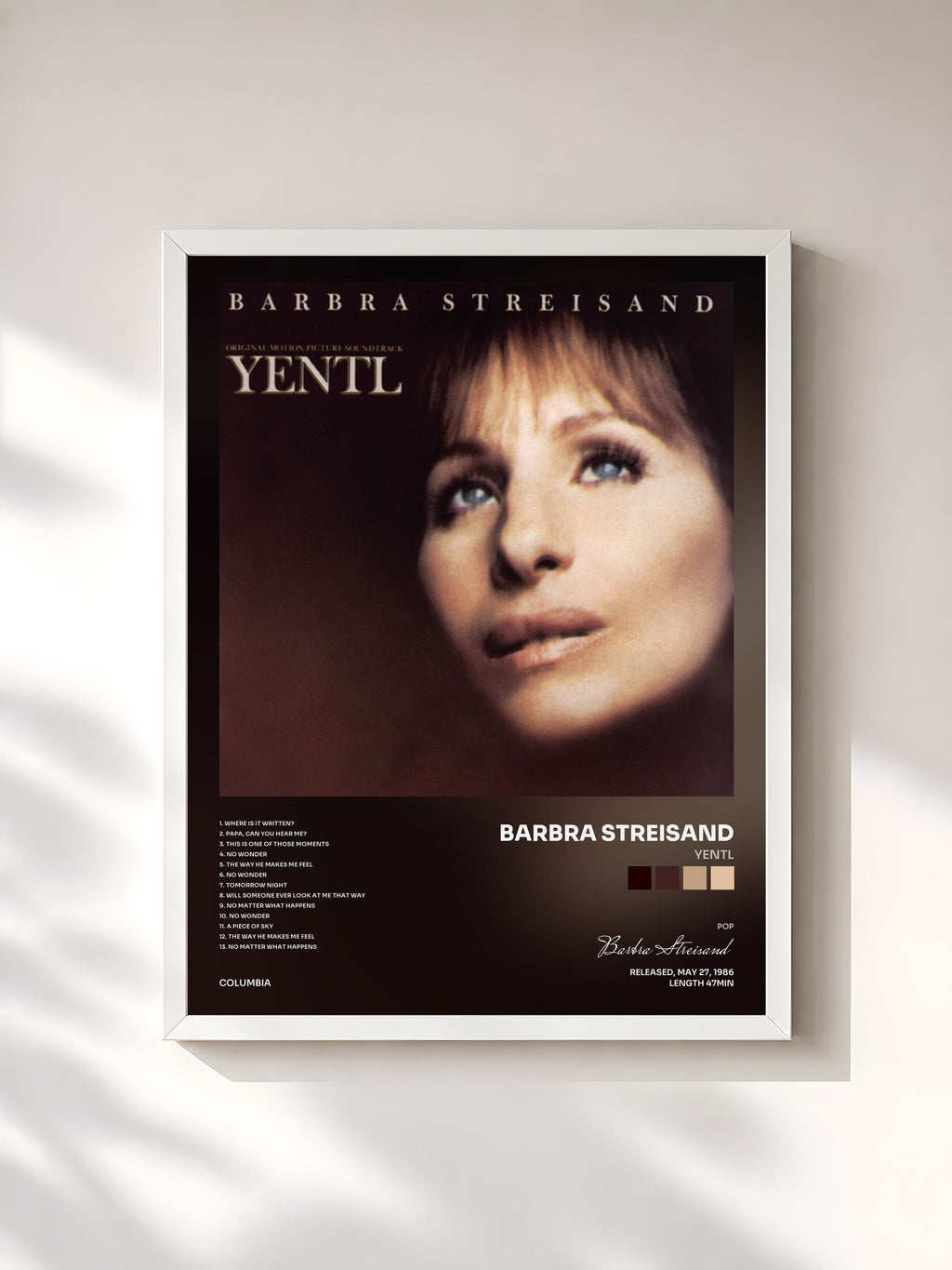 #blanc Yentl de Barbra Streisand en lámina enmarcada, marco blanco, impresa y enmarcada en Francia
