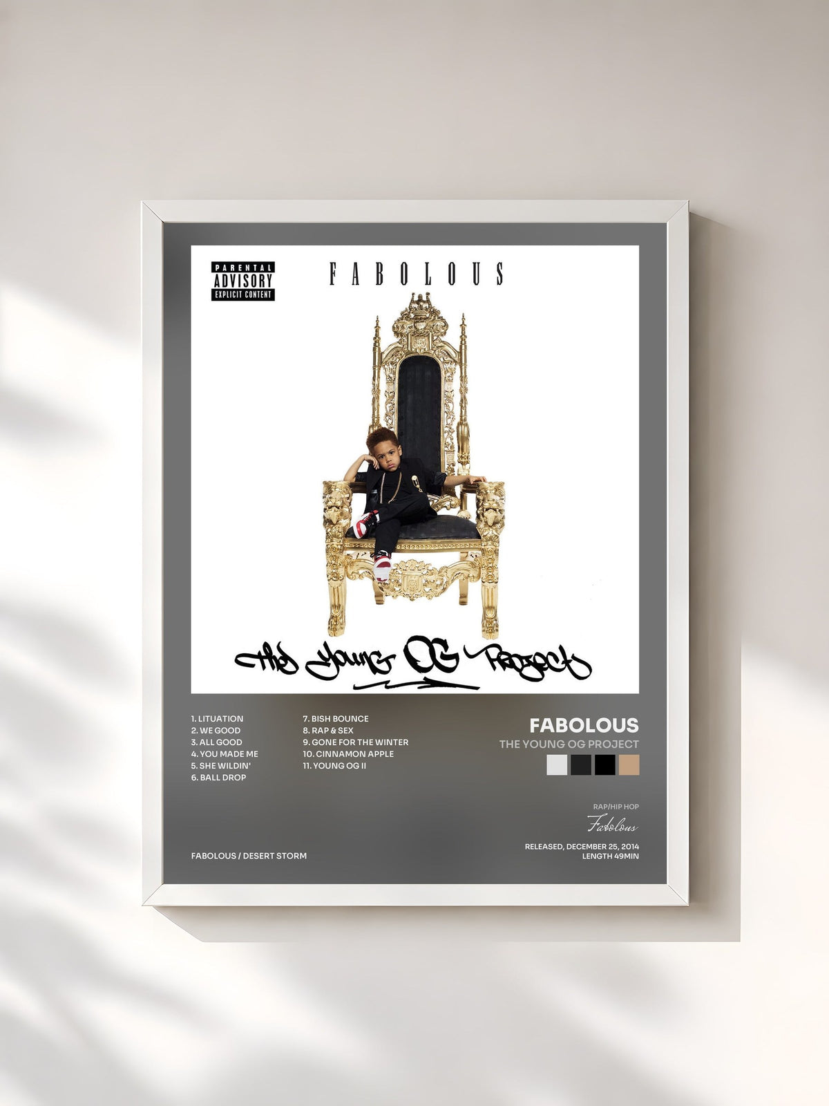 #blanc Tableau de l'album The Young OG Project de Fabolous, cadre blanc, imprimé et encadré en France