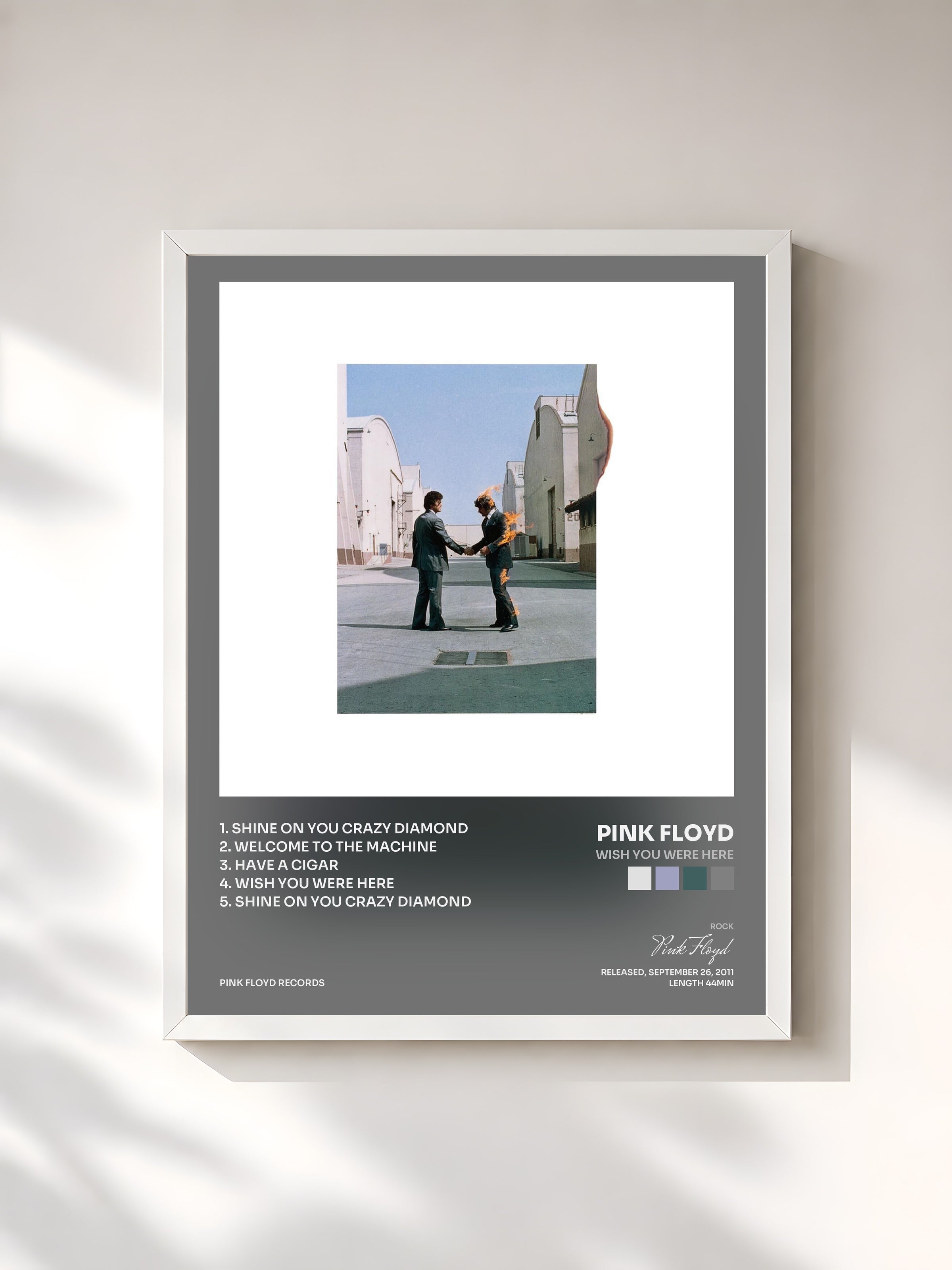 #blanc Tableau de l'album Wish You Were Here de Pink Floyd, cadre blanc, imprimé et encadré en France