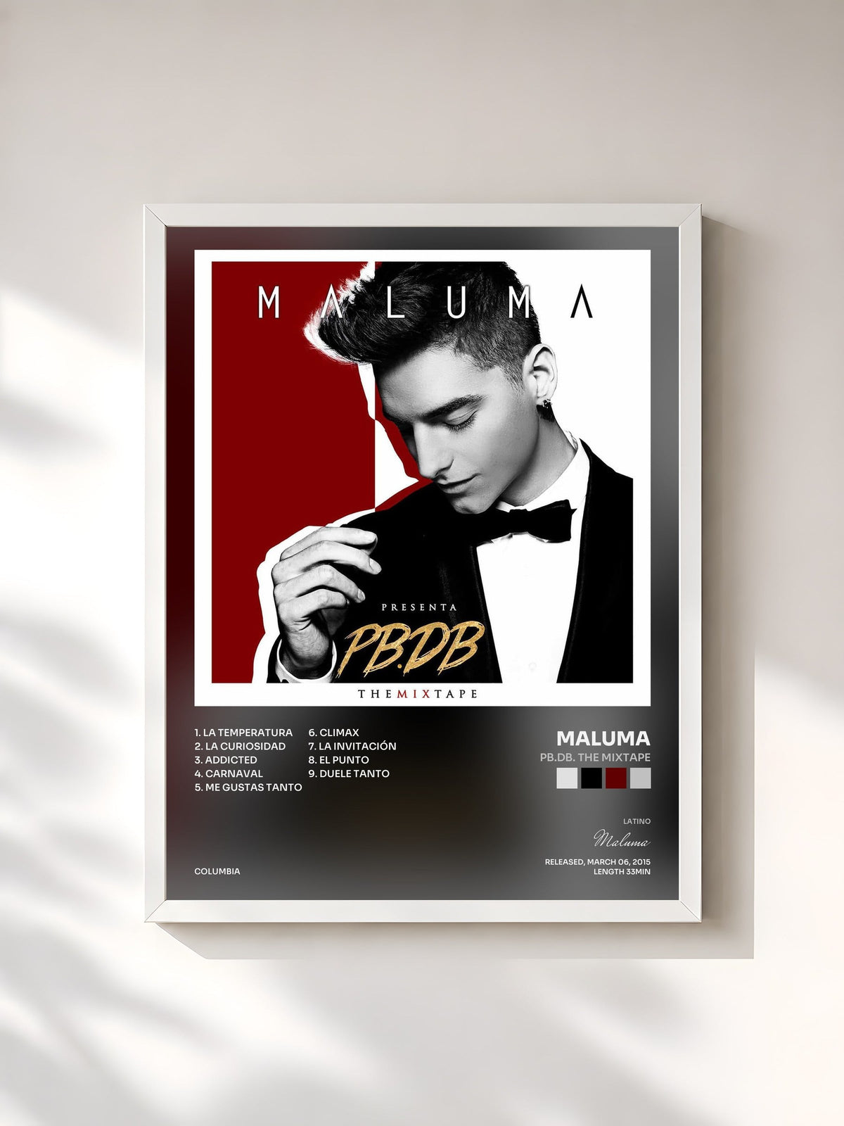 #blanc Tableau de l'album PB.DB. The Mixtape de Maluma, cadre blanc, imprimé et encadré en France
