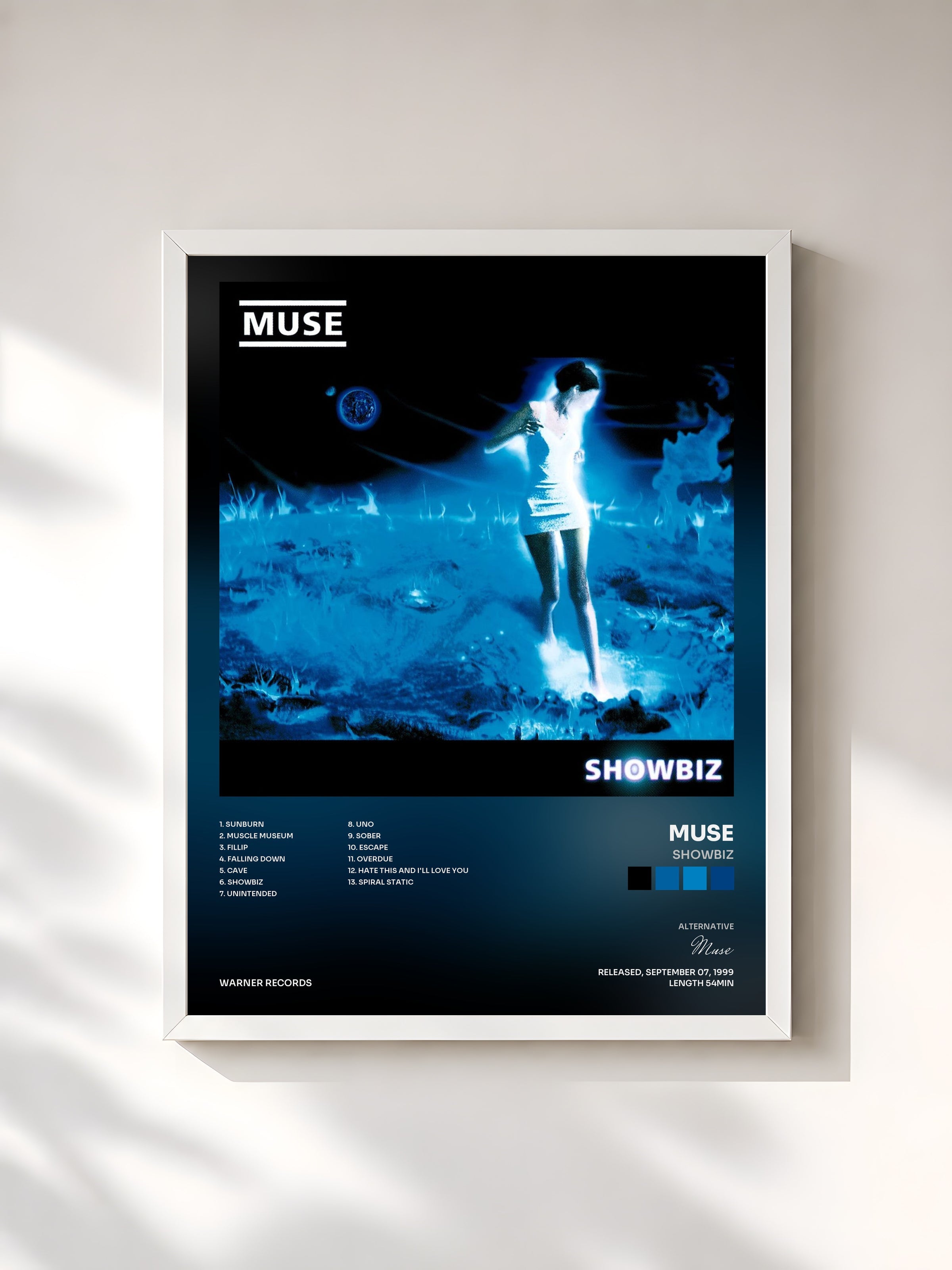 #blanc Tableau de l'album Showbiz de Muse, cadre blanc, imprimé et encadré en France